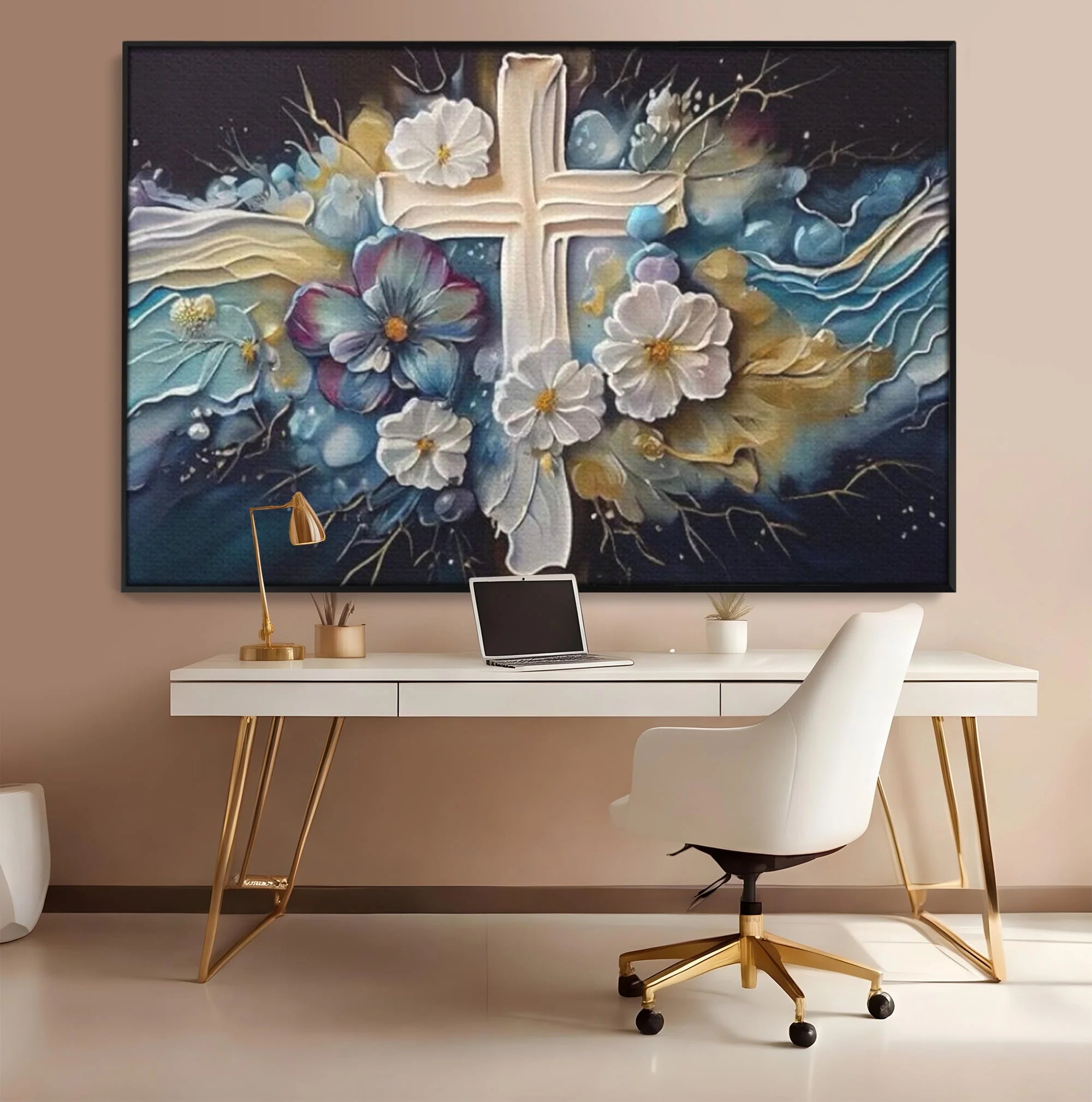 Tablou canvas cu pictura canvas cu cruce si flori, in rama de aluminiu negru, pe perete intr-un birou