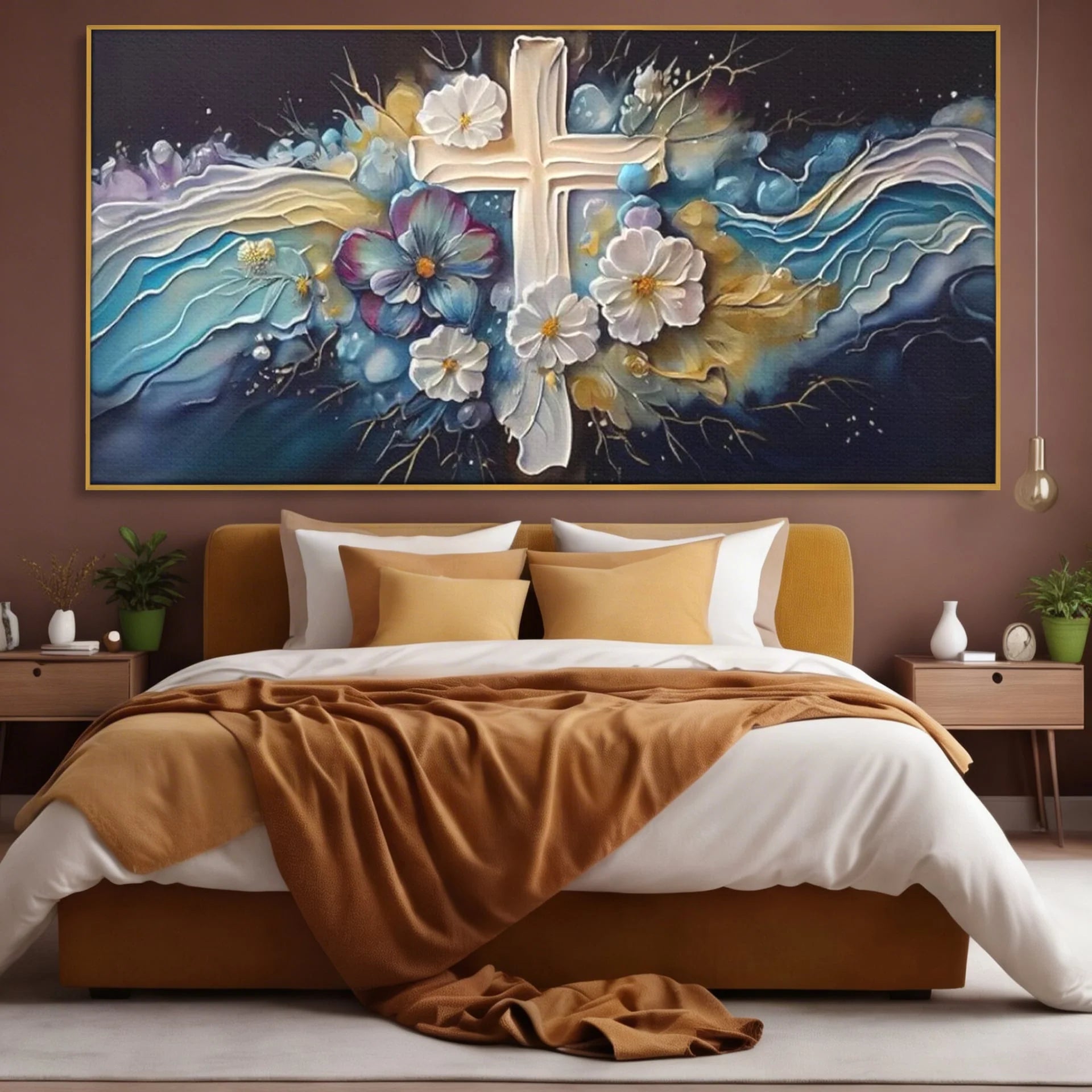 Tablou canvas cu pictura canvas cu cruce si flori, in rama de aluminiu auriu, pe perete intr-un dormitor