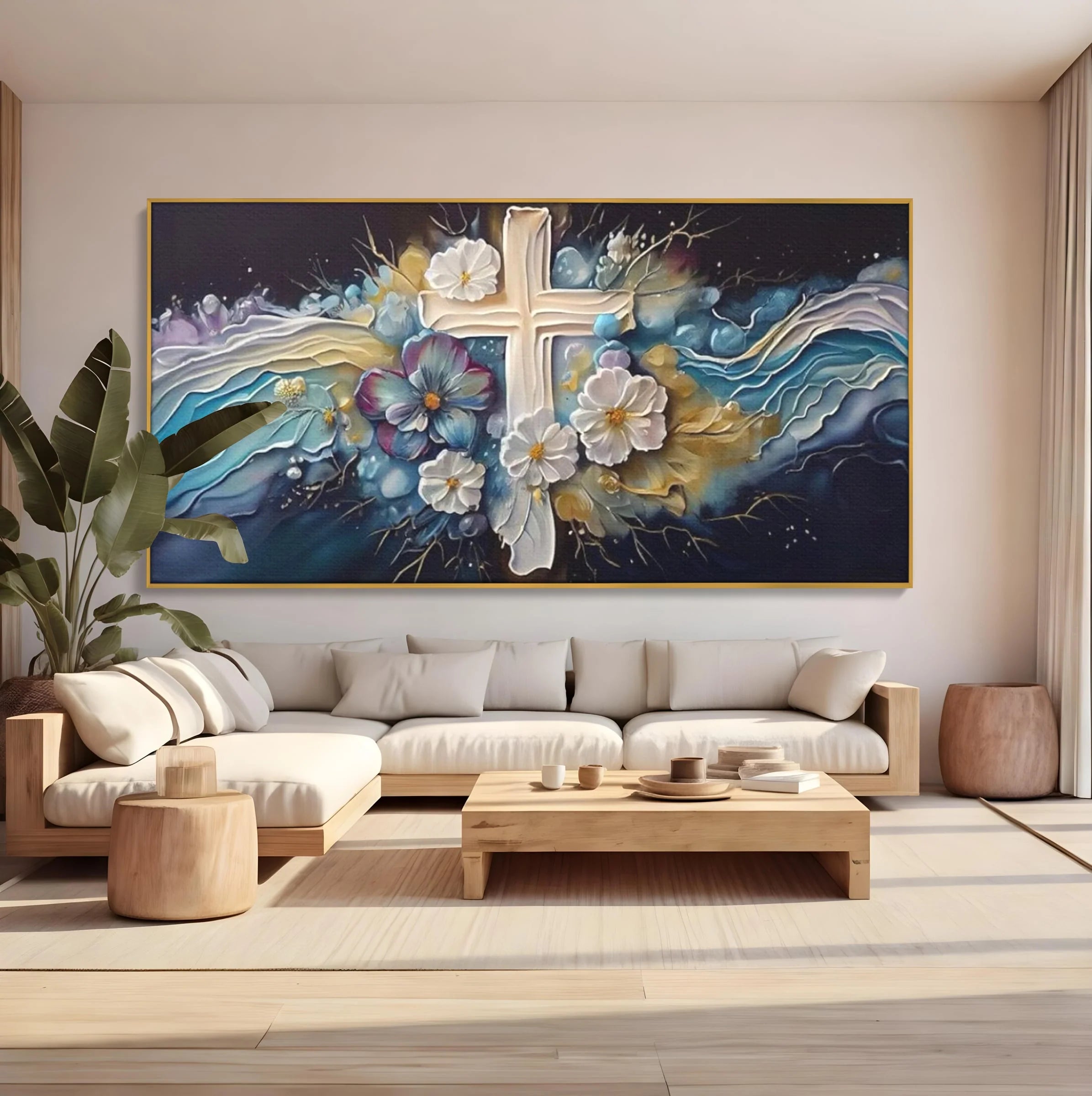 Tablou canvas cu pictura canvas cu cruce si flori, in rama de aluminiu auriu, pe perete intr-un living