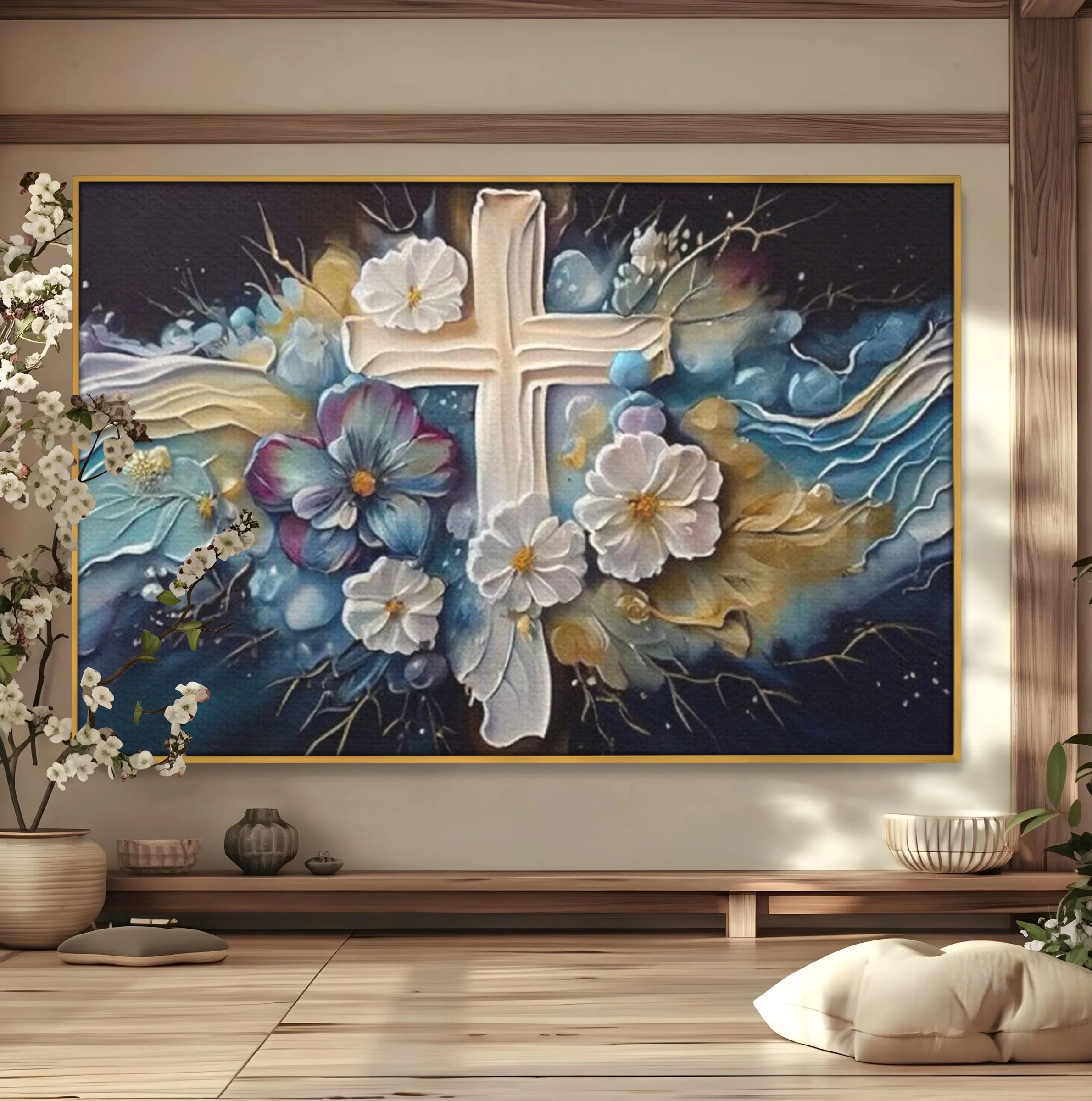 Tablou canvas cu pictura canvas cu cruce si flori, in rama de aluminiu auriu