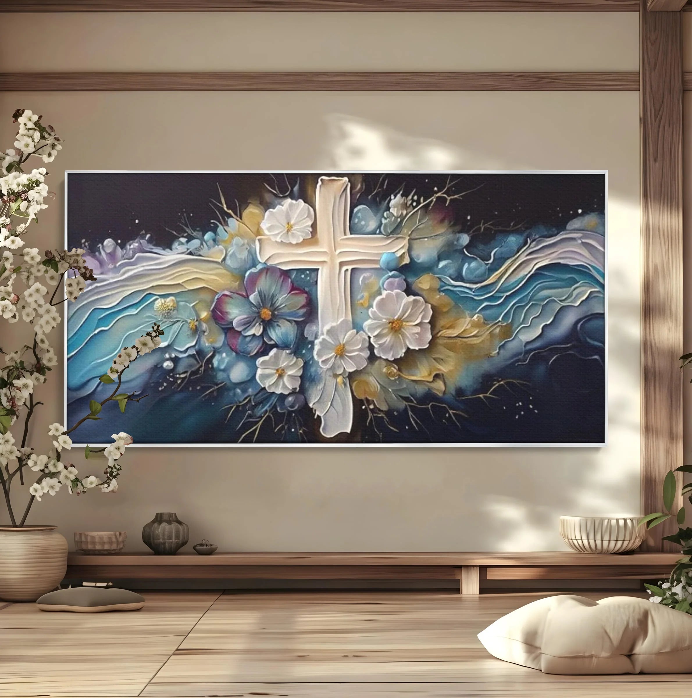 Tablou canvas cu pictura canvas cu cruce si flori, in rama de aluminiu argintiu