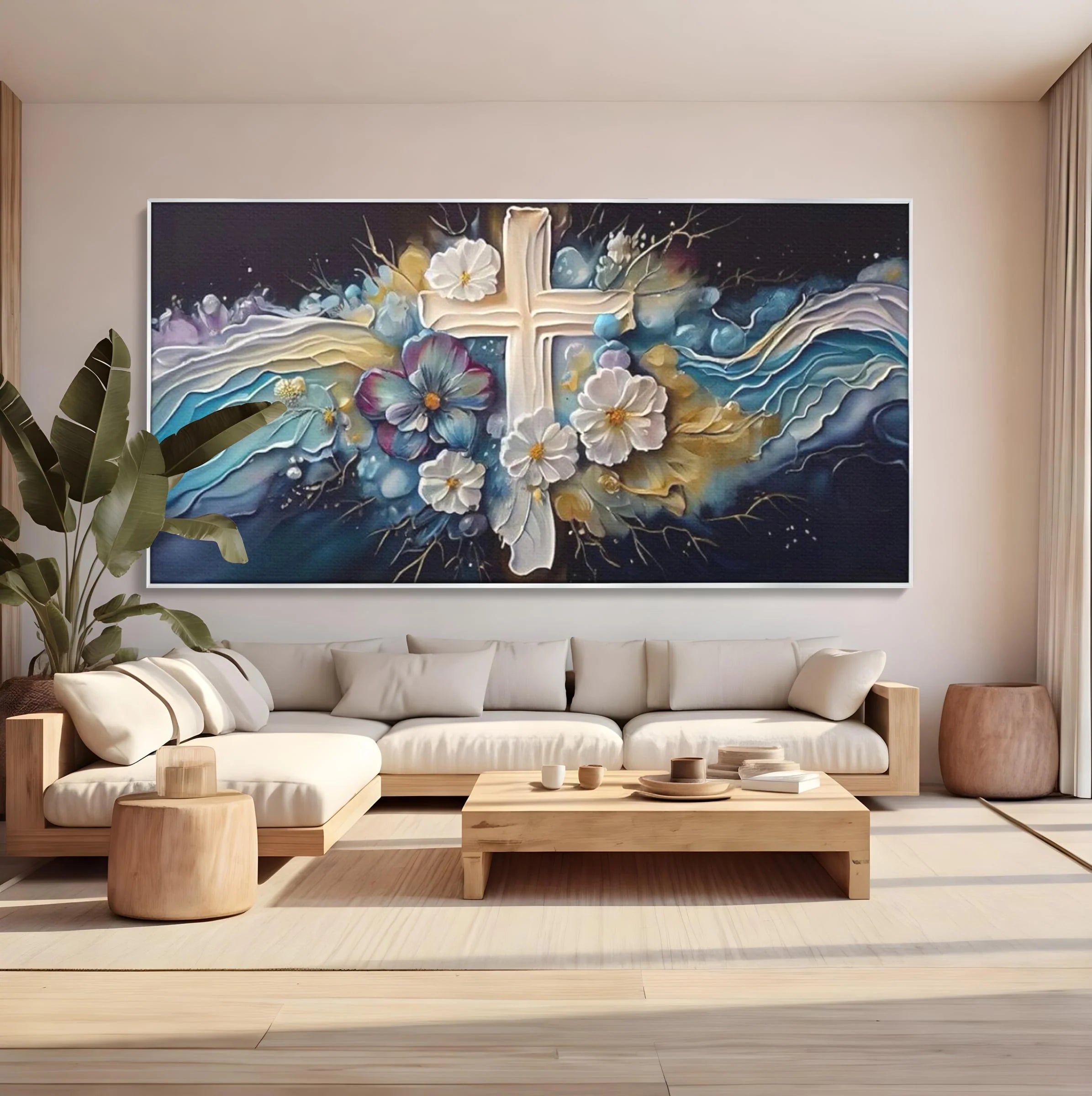 Tablou canvas cu pictura canvas cu cruce si flori, in rama de aluminiu argintiu, pe perete intr-un living