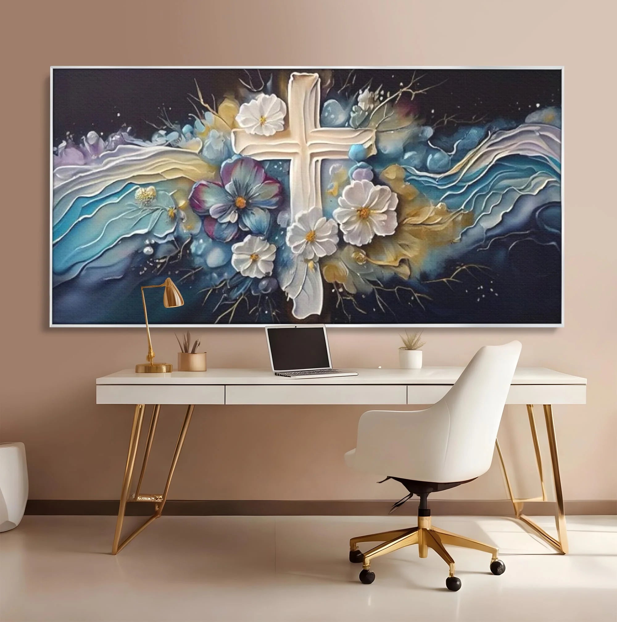 Tablou canvas cu pictura canvas cu cruce si flori, in rama de aluminiu argintiu, pe perete intr-un birou
