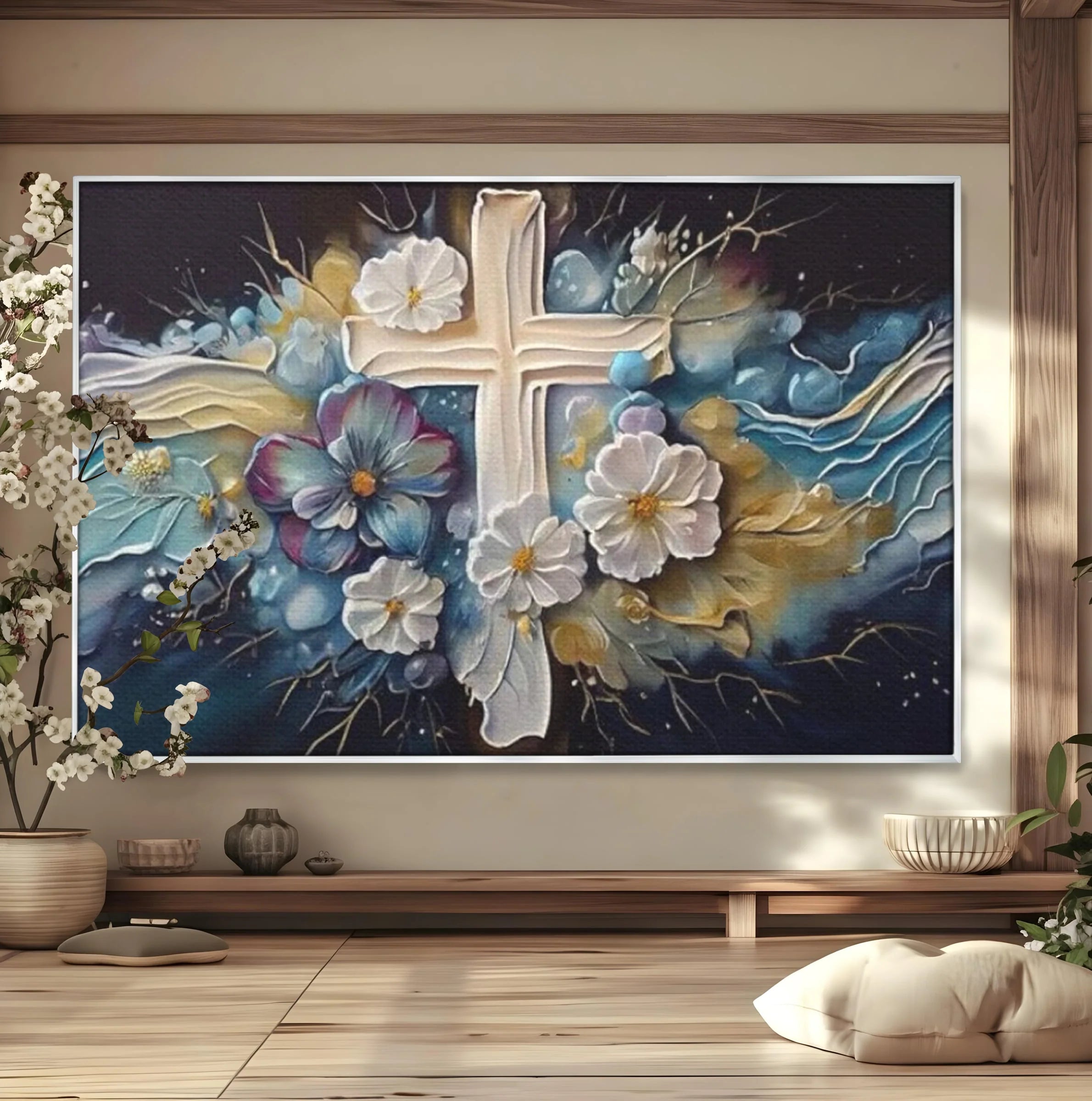 Tablou canvas cu pictura canvas cu cruce si flori, in rama de aluminiu argintiu