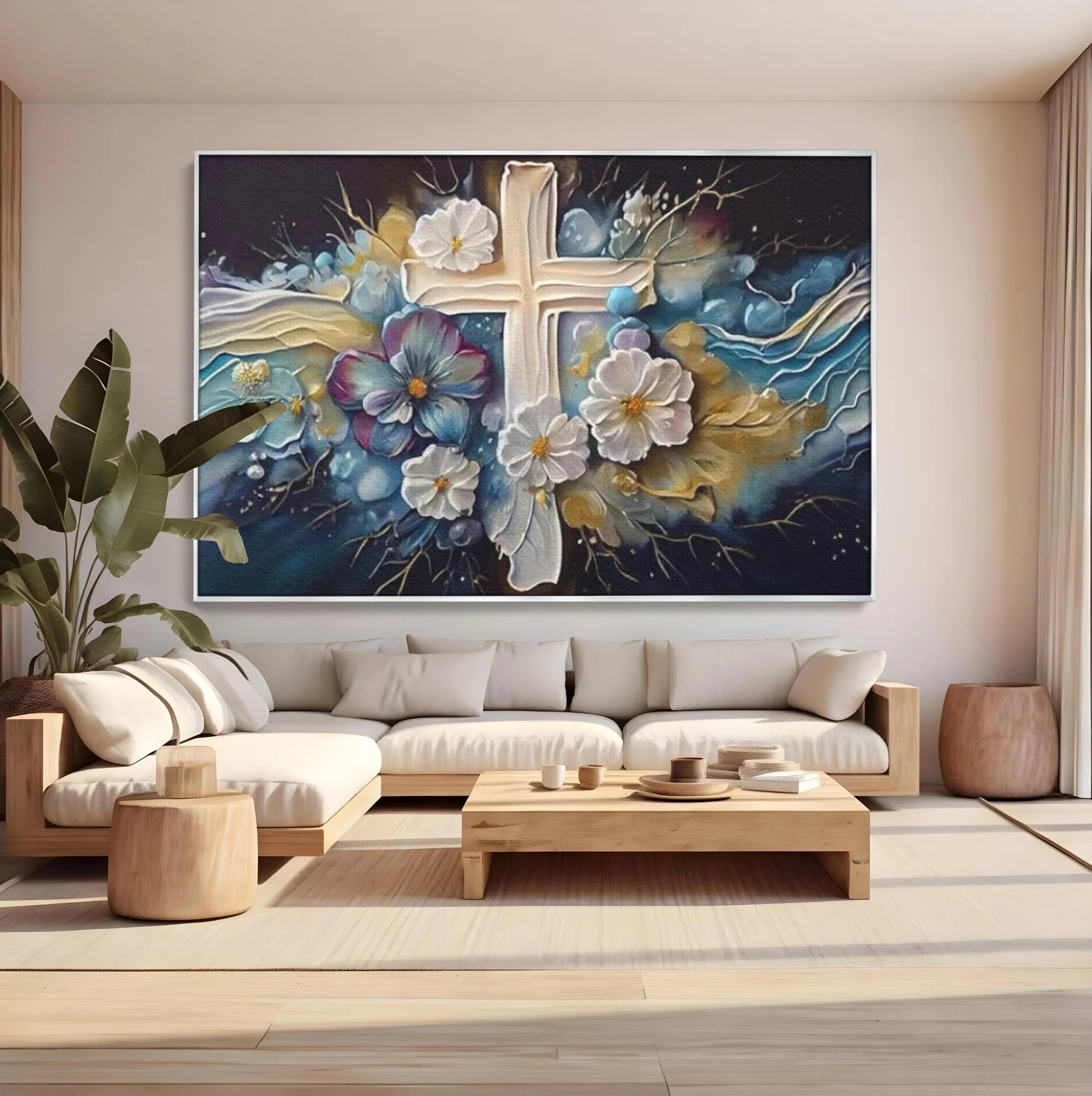 Tablou canvas cu pictura canvas cu cruce si flori, in rama de aluminiu argintiu, pe perete intr-un living
