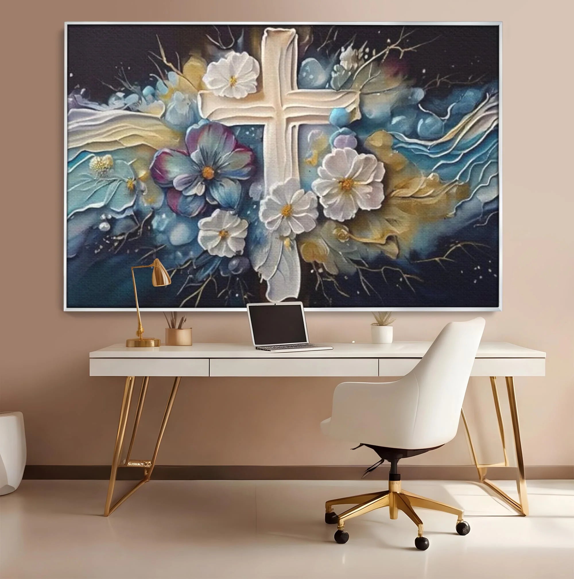 Tablou canvas cu pictura canvas cu cruce si flori, in rama de aluminiu argintiu, pe perete intr-un birou