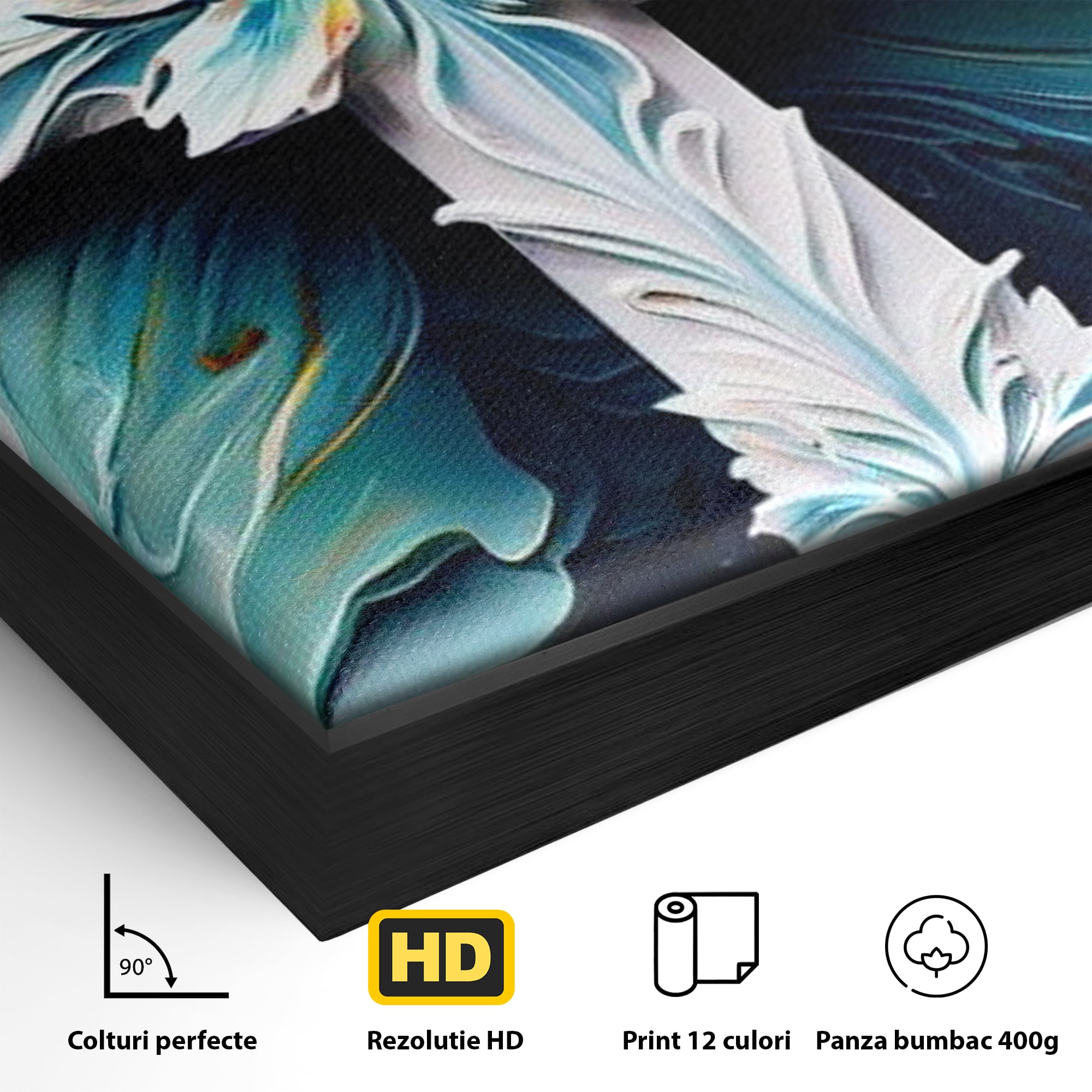 Detaliu al suprafetei: tablou canvas cu o cruce florala, in rama de aluminiu negru