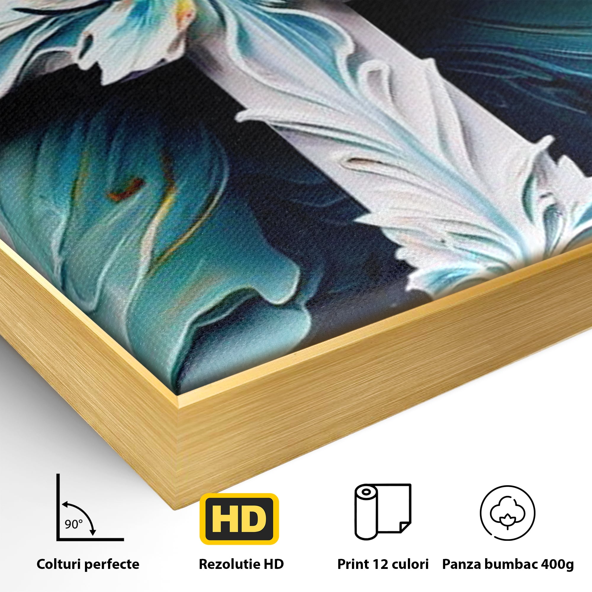Detaliu al suprafetei: tablou canvas cu o cruce florala, in rama de aluminiu auriu