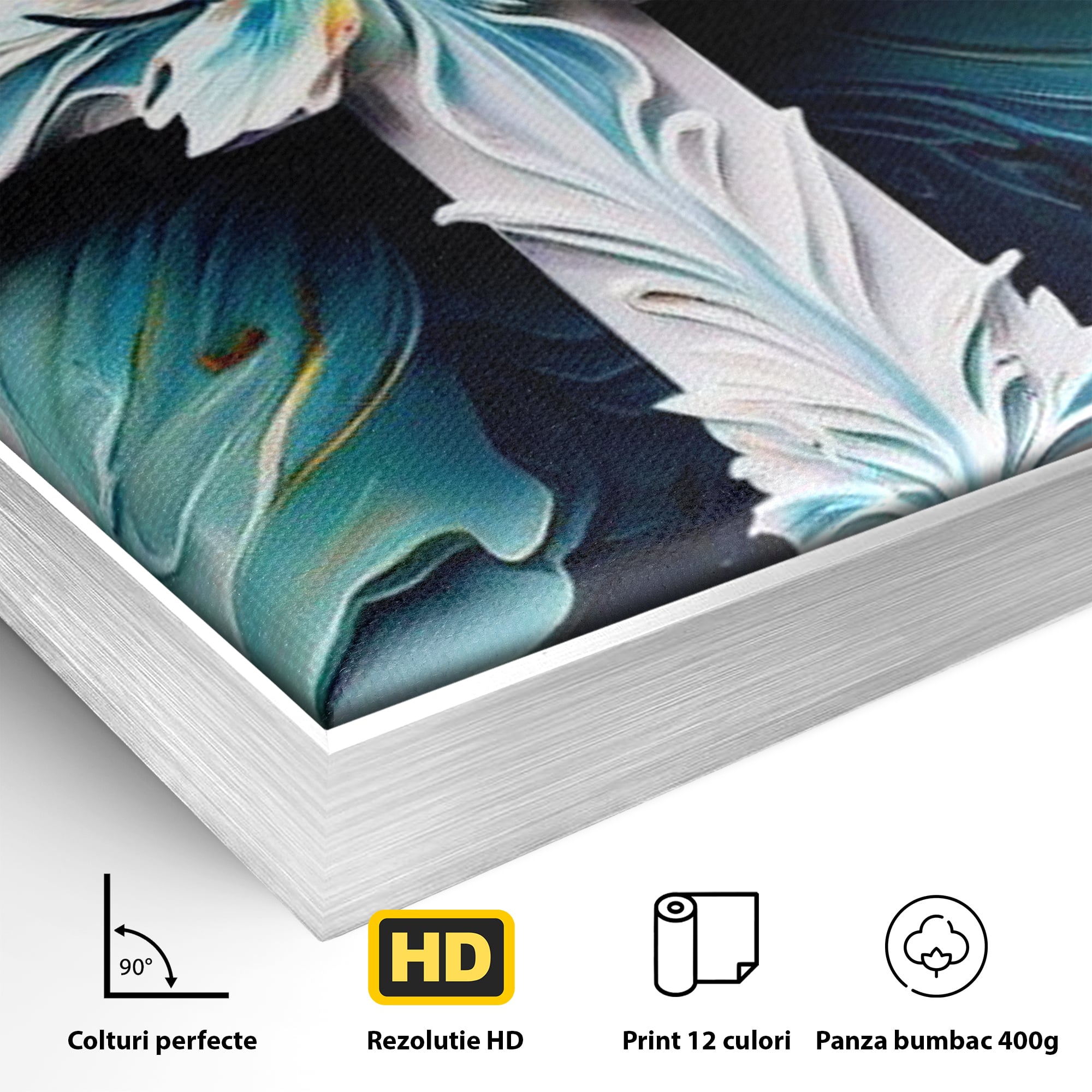 Detaliu al suprafetei: tablou canvas cu o cruce florala, in rama de aluminiu argintiu
