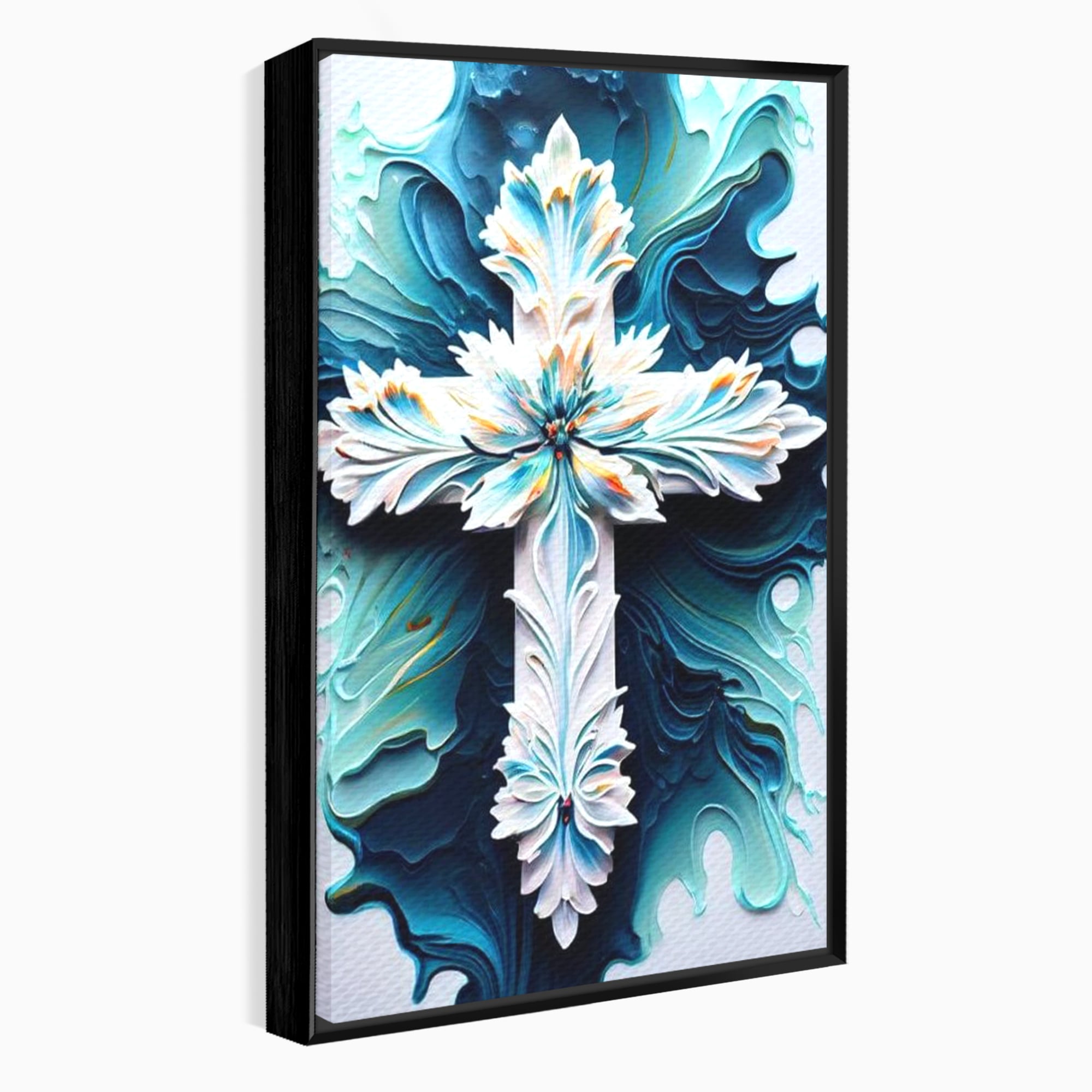 Tablou canvas cu tablou canvas cu o cruce florala, in rama de aluminiu negru