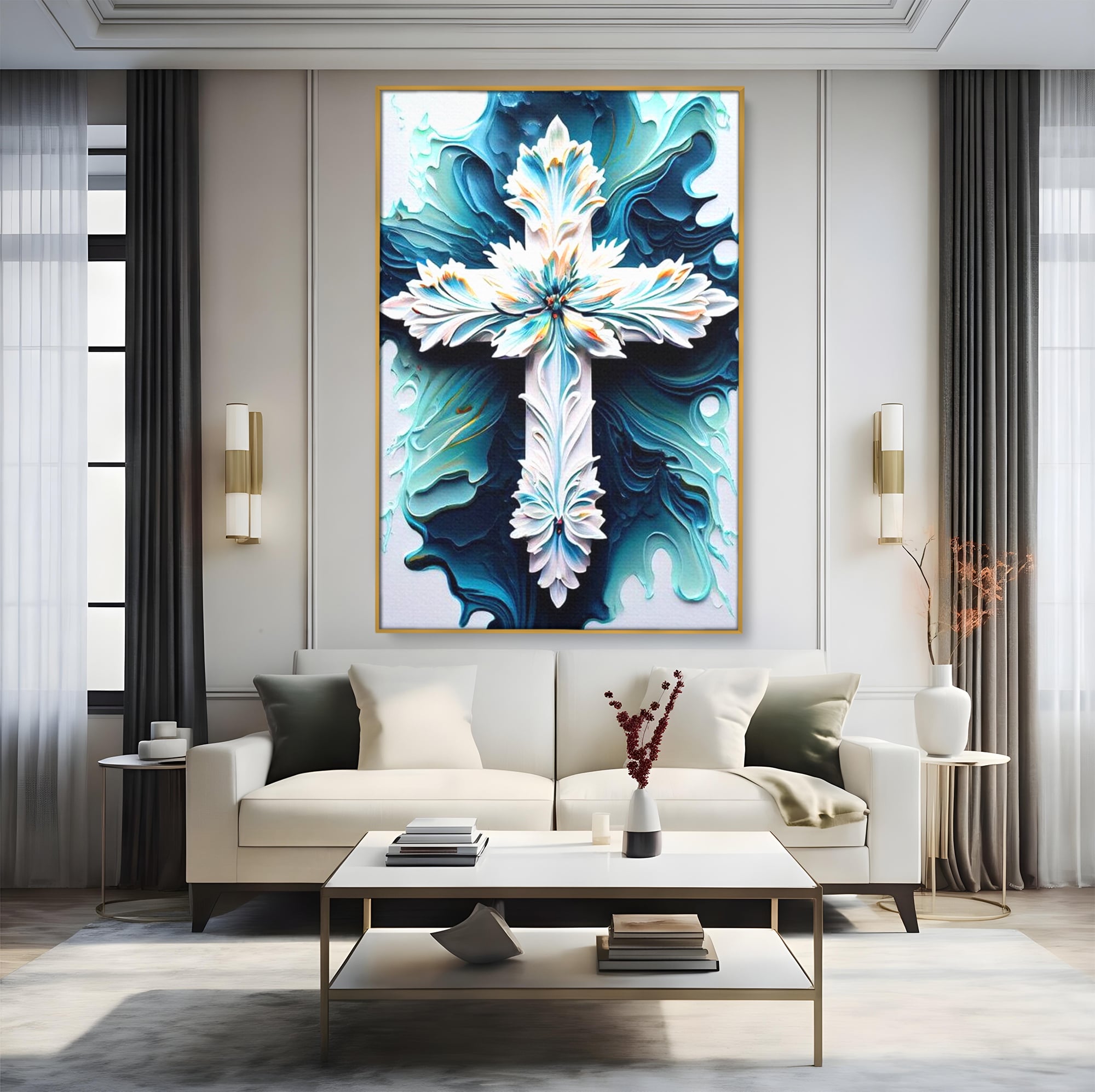 Tablou canvas cu tablou canvas cu o cruce florala, in rama de aluminiu auriu, pe perete intr-un living