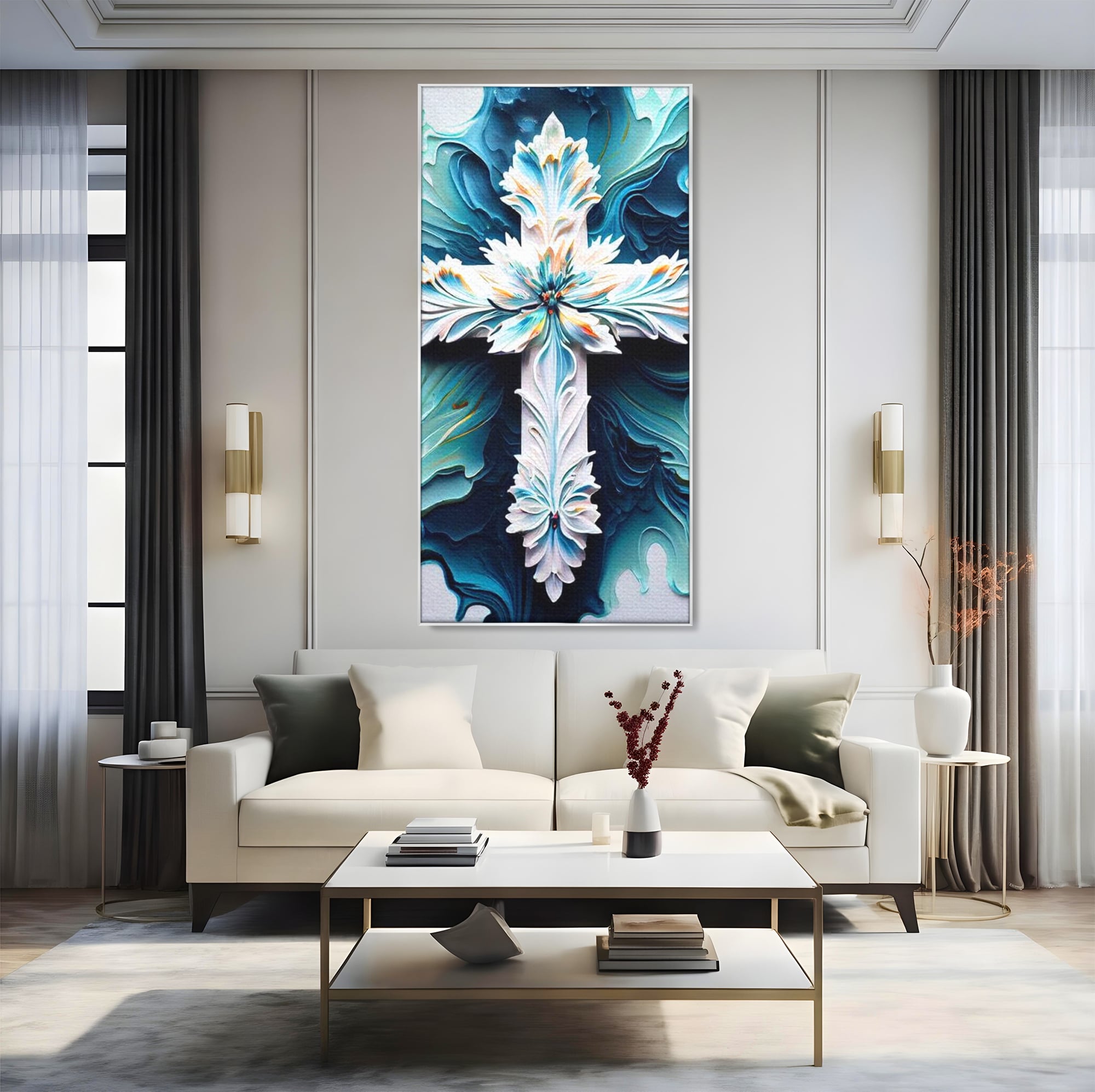 Tablou canvas cu tablou canvas cu o cruce florala, in rama de aluminiu argintiu, pe perete intr-un living