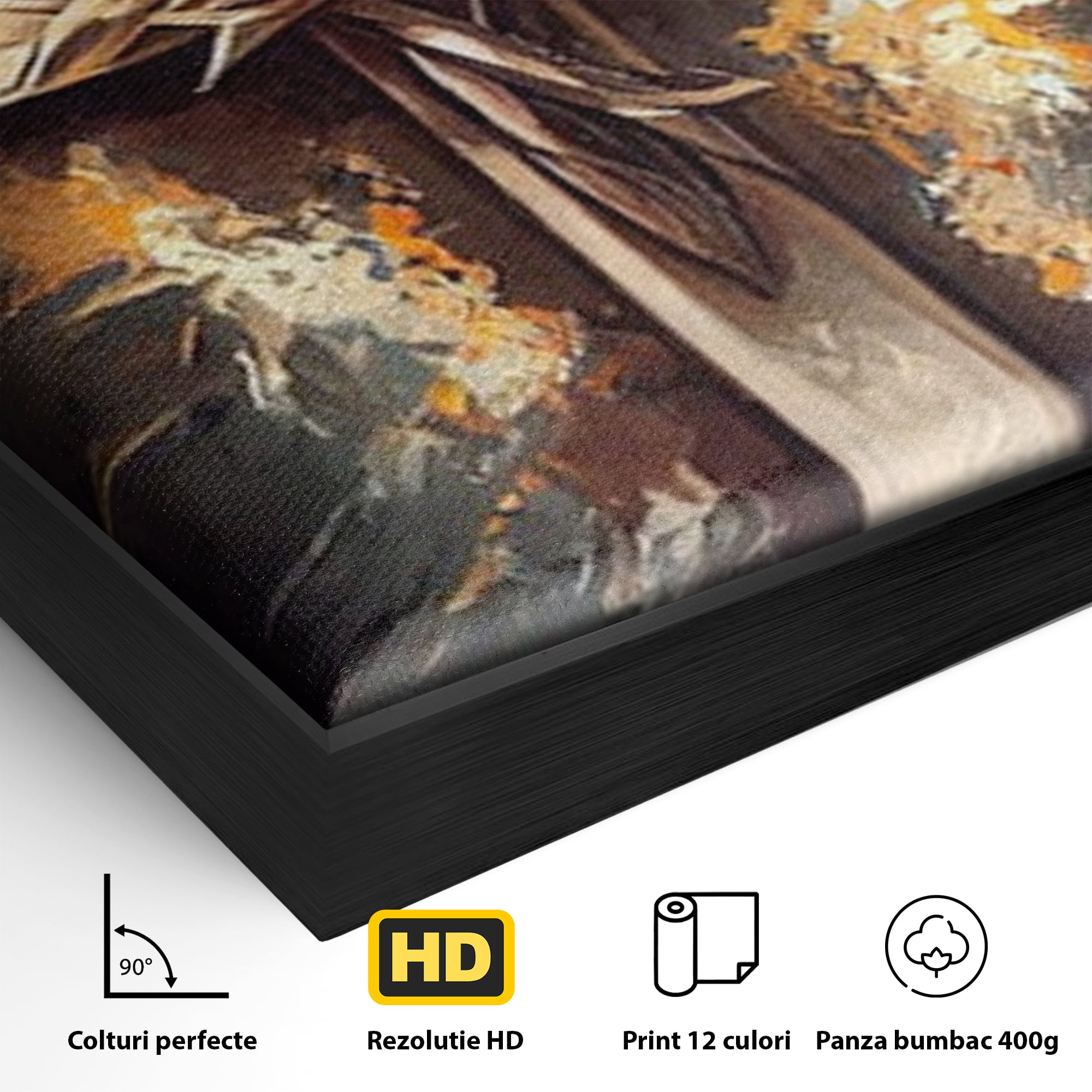 Detaliu al suprafetei: tablou canvas cu o cruce si coroana de spini, in rama de aluminiu negru