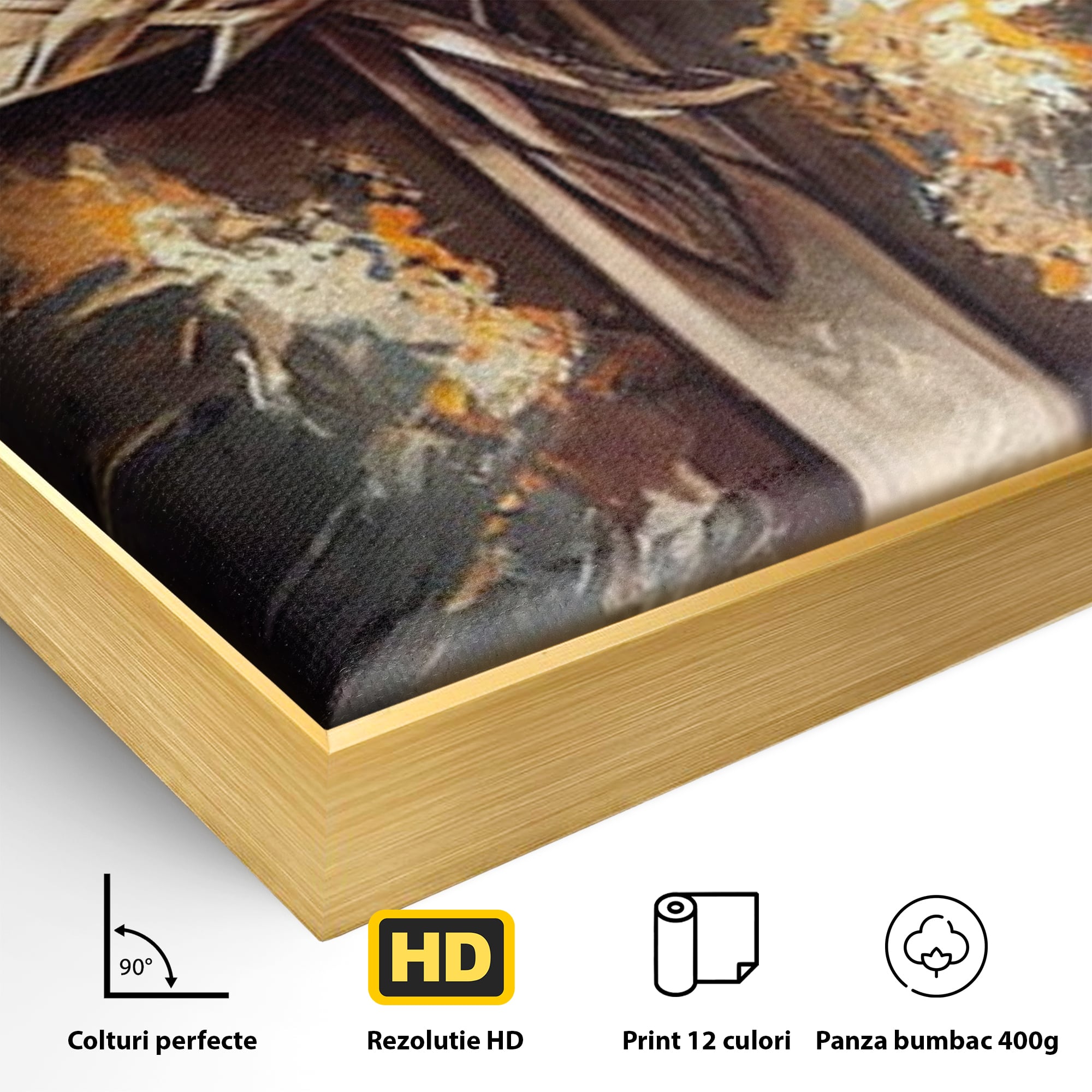 Detaliu al suprafetei: tablou canvas cu o cruce si coroana de spini, in rama de aluminiu auriu