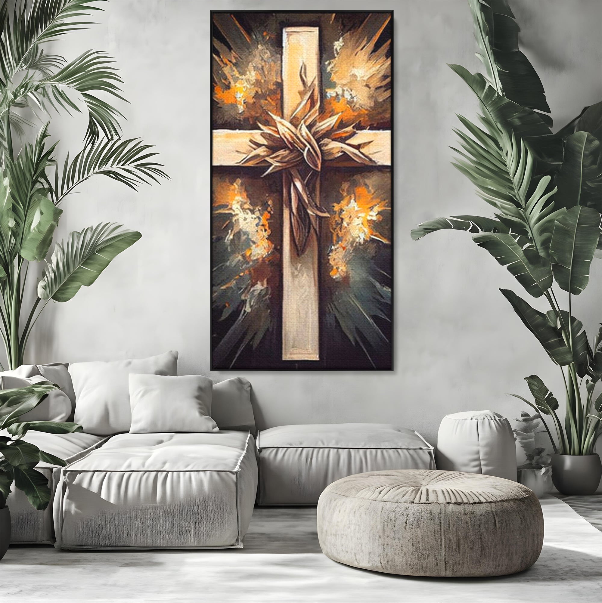 Tablou canvas cu tablou canvas cu o cruce si coroana de spini, in rama de aluminiu negru, pe perete intr-un living