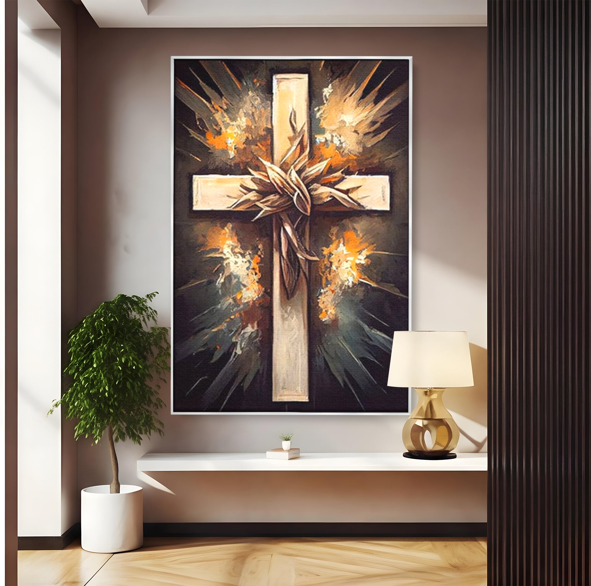 Tablou canvas cu tablou canvas cu o cruce si coroana de spini, in rama de aluminiu argintiu