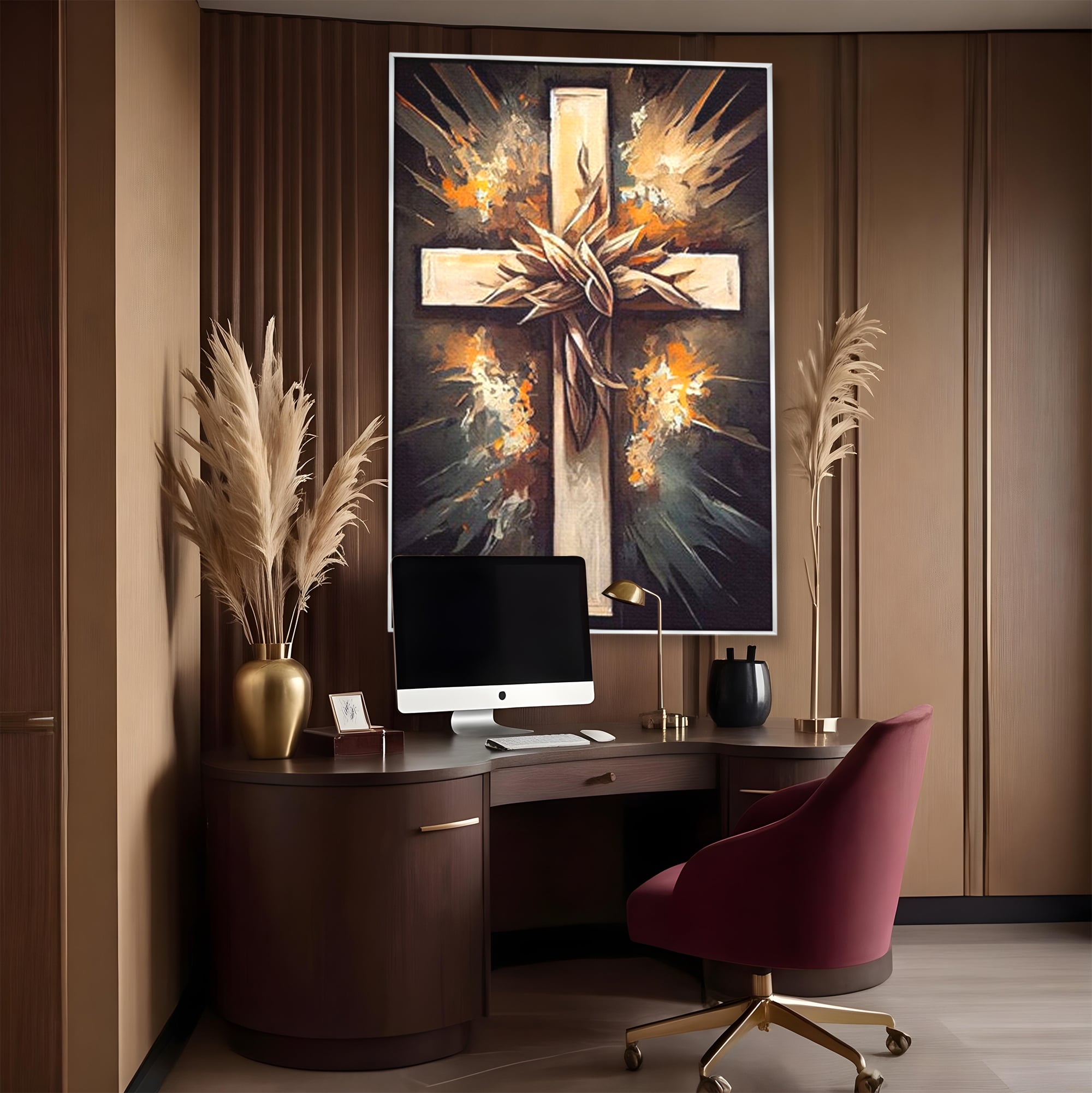 Tablou canvas cu tablou canvas cu o cruce si coroana de spini, in rama de aluminiu argintiu, pe perete intr-un birou