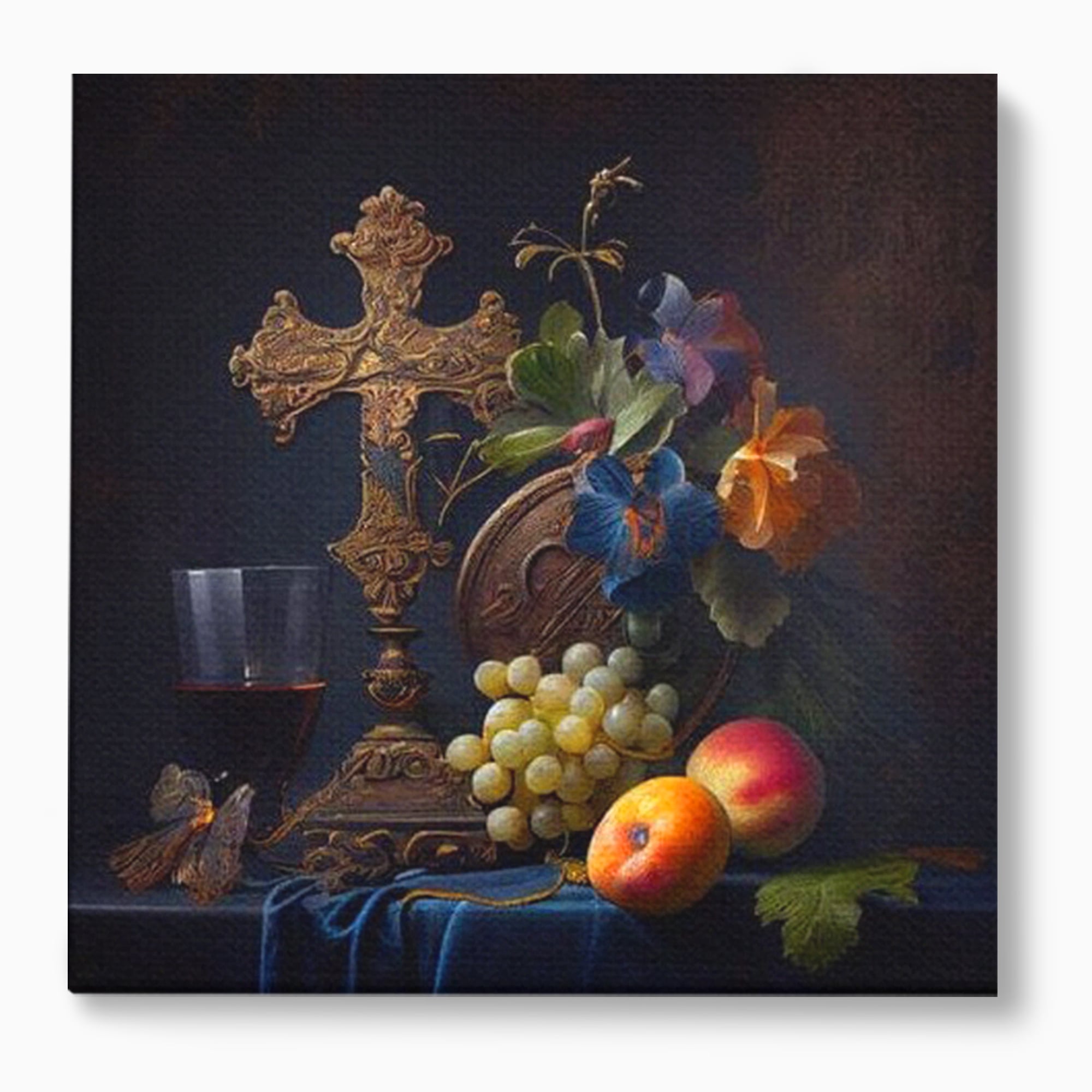Tablou canvas cu natura statica religioasa cu cruce si fructe, fara rama, pe sasiu de lemn