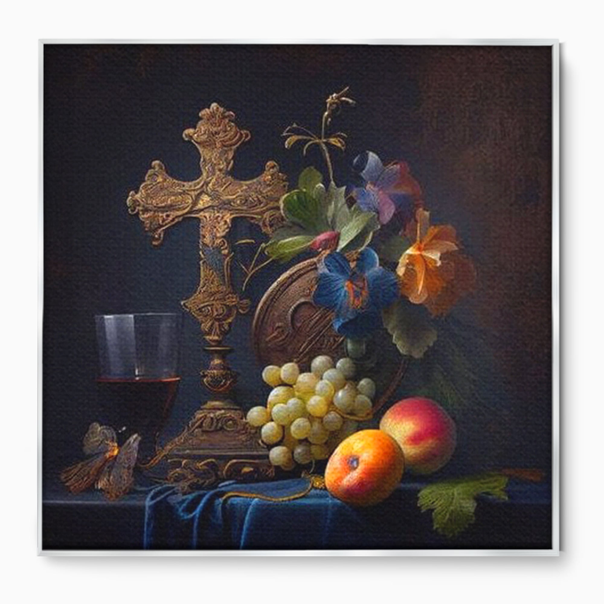 Tablou canvas cu natura statica religioasa cu cruce si fructe, in rama de aluminiu argintiu