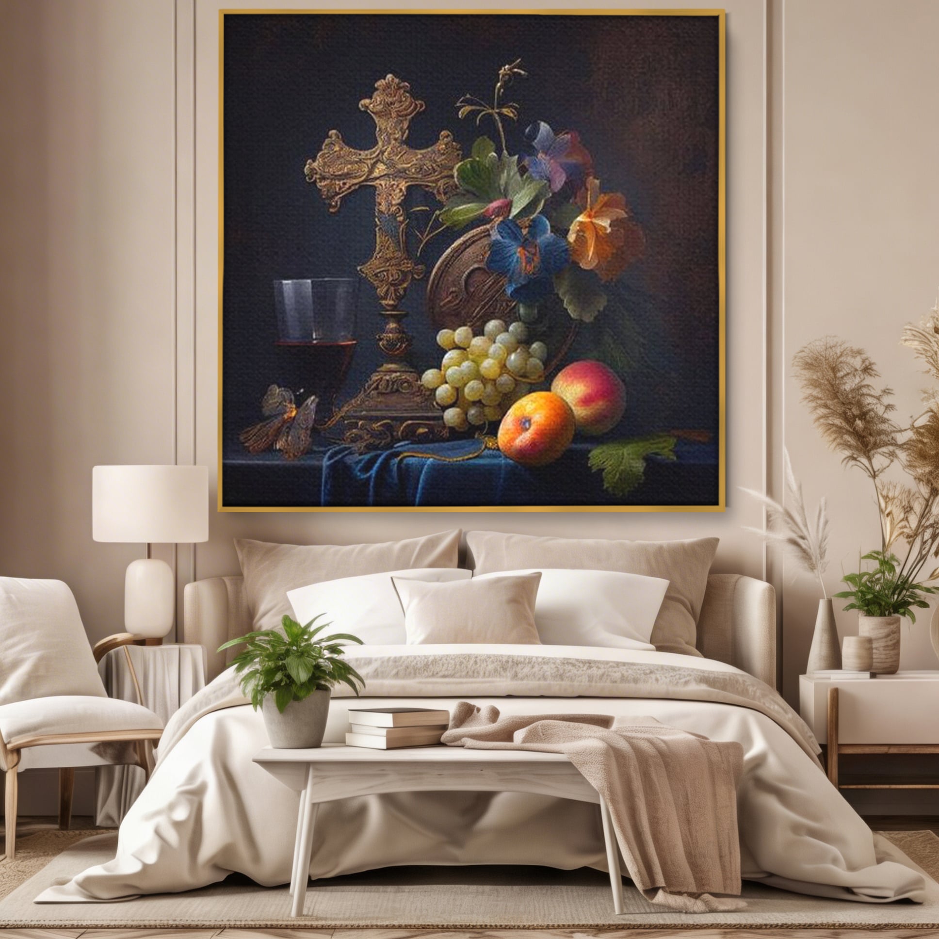 Tablou canvas cu natura statica religioasa cu cruce si fructe, in rama de aluminiu auriu, pe perete intr-un dormitor