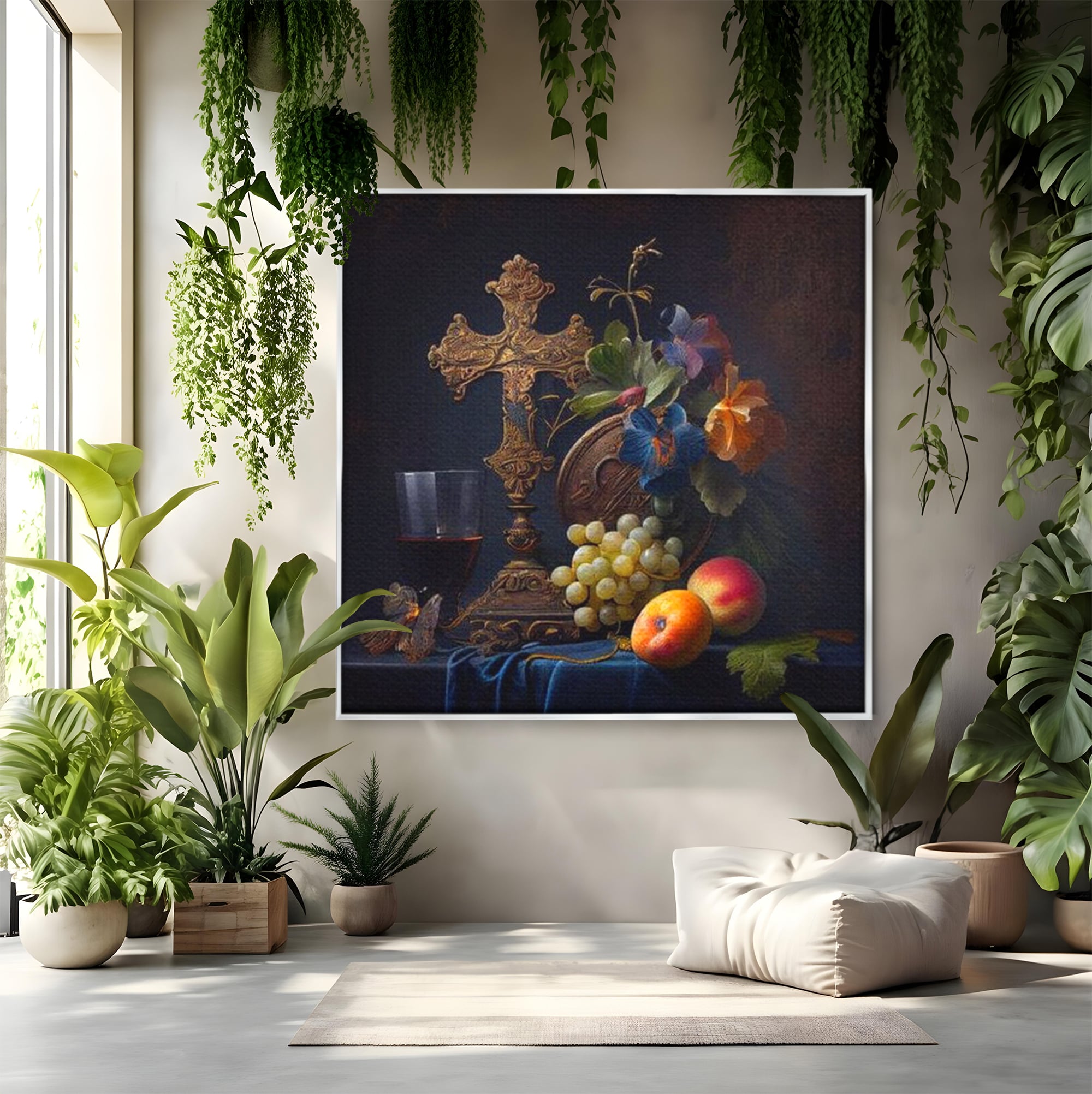Tablou canvas cu natura statica religioasa cu cruce si fructe, in rama de aluminiu argintiu