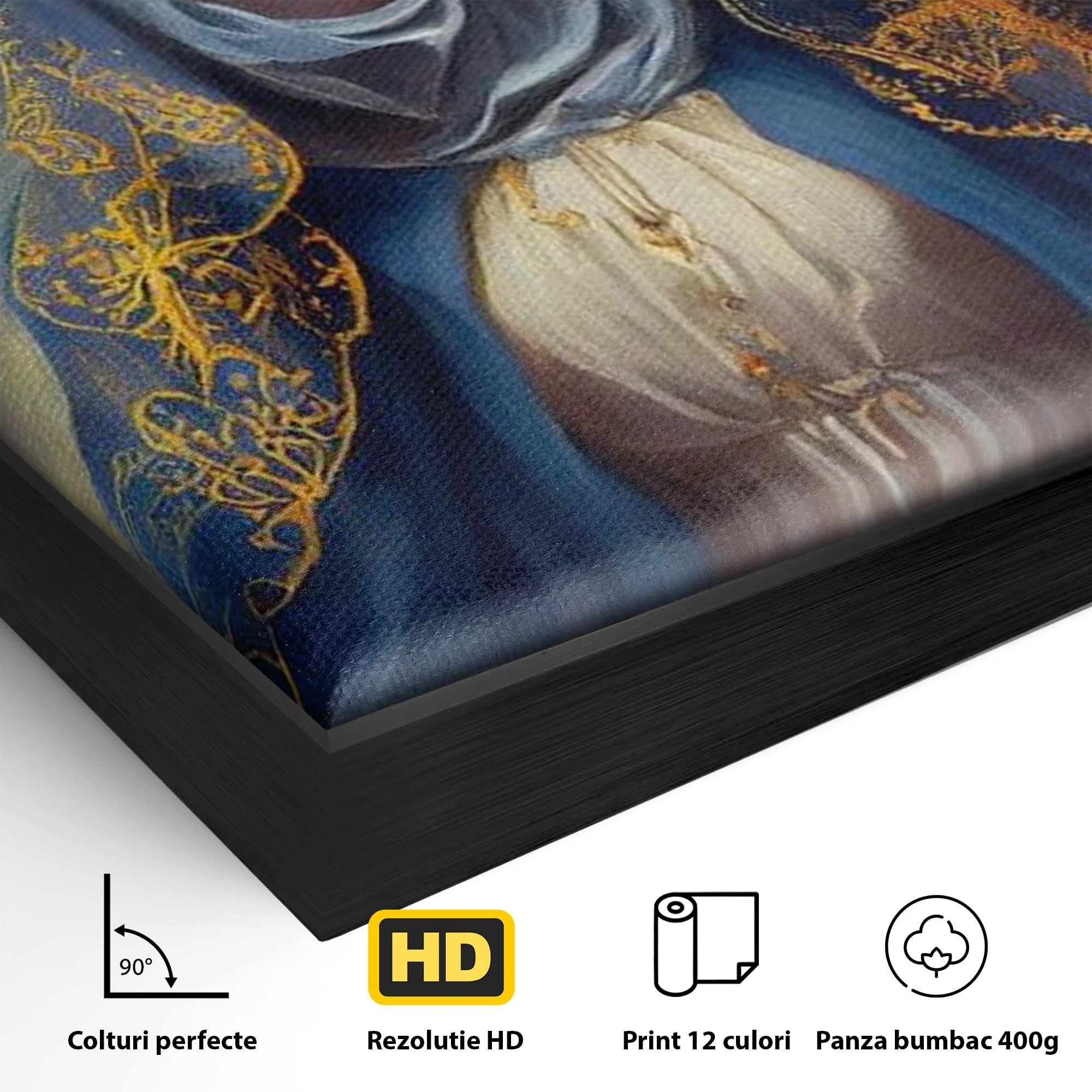 Detaliu al suprafetei: tablou canvas cu fecioara maria, in rama de aluminiu negru