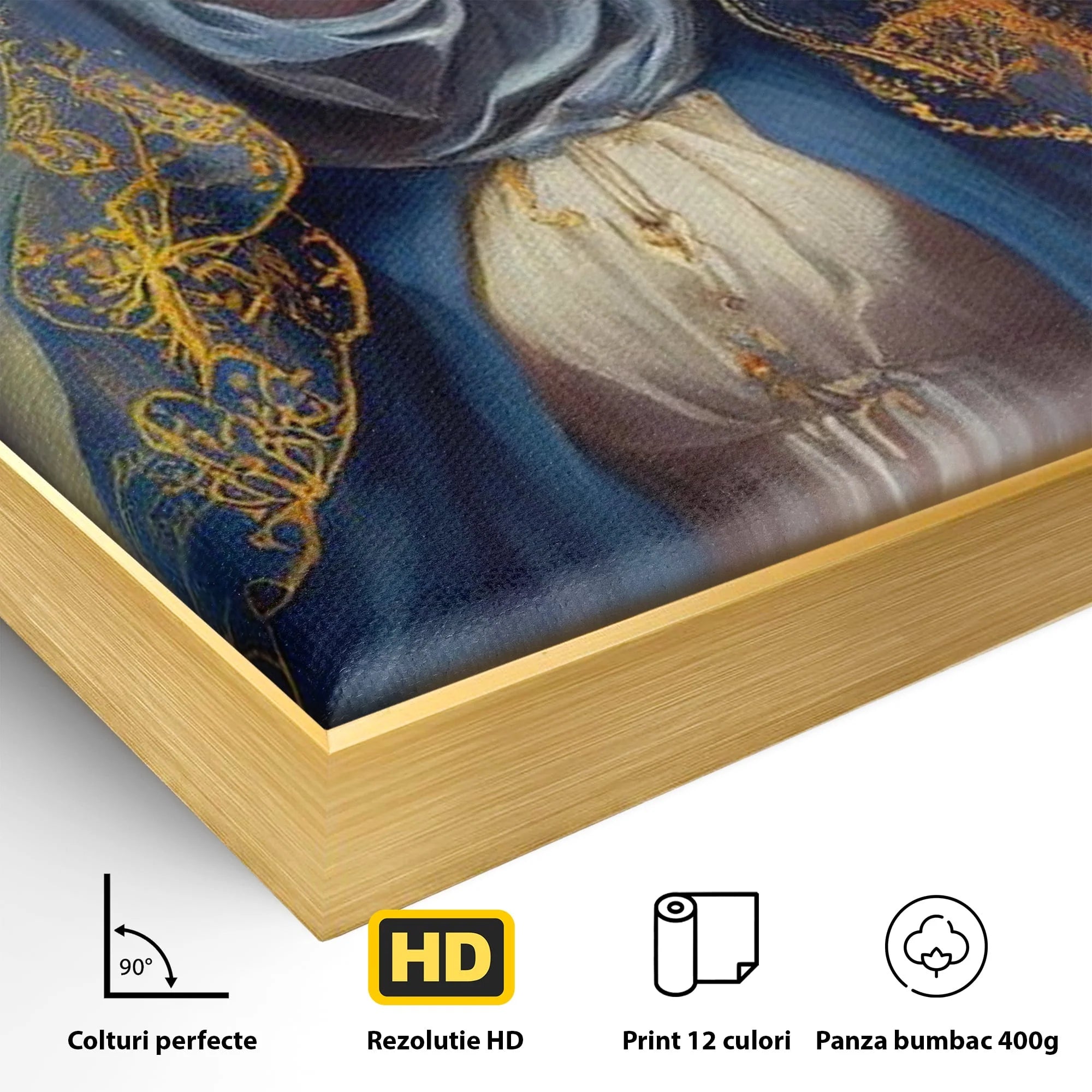 Detaliu al suprafetei: tablou canvas cu fecioara maria, in rama de aluminiu auriu