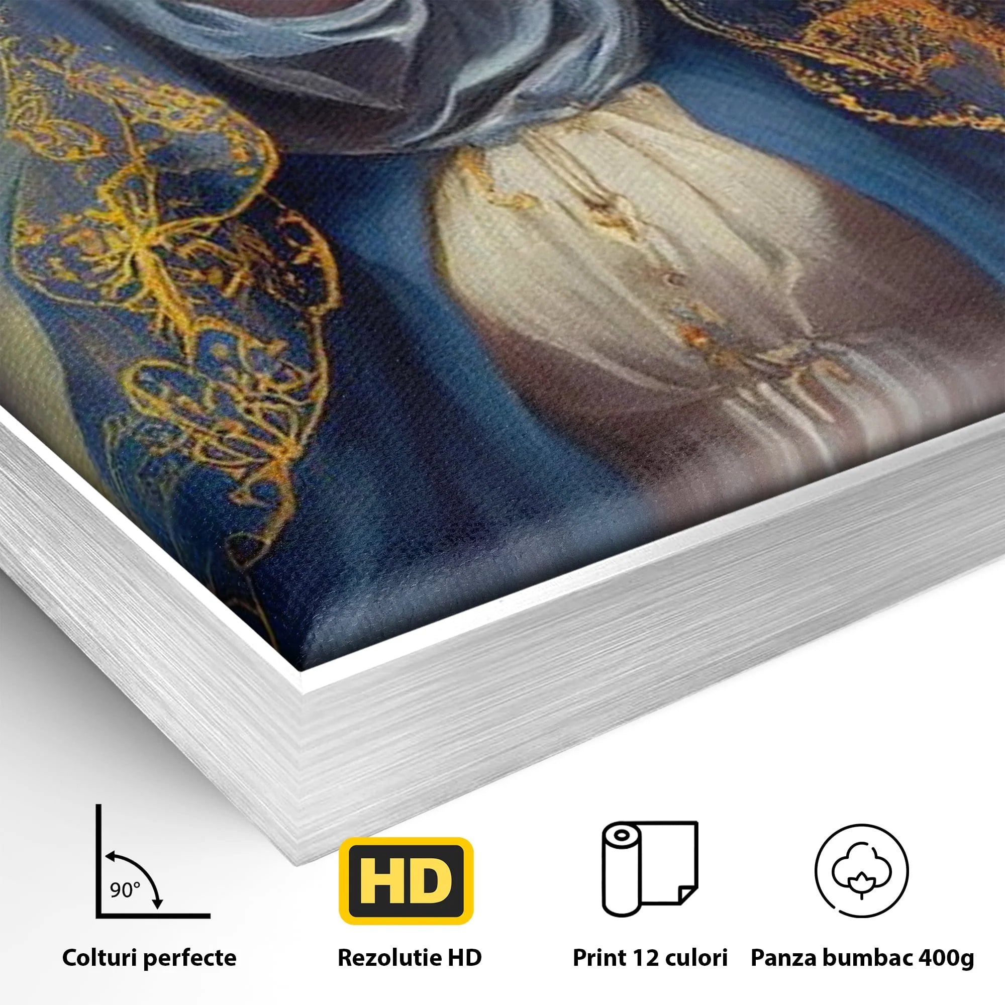 Detaliu al suprafetei: tablou canvas cu fecioara maria, in rama de aluminiu argintiu