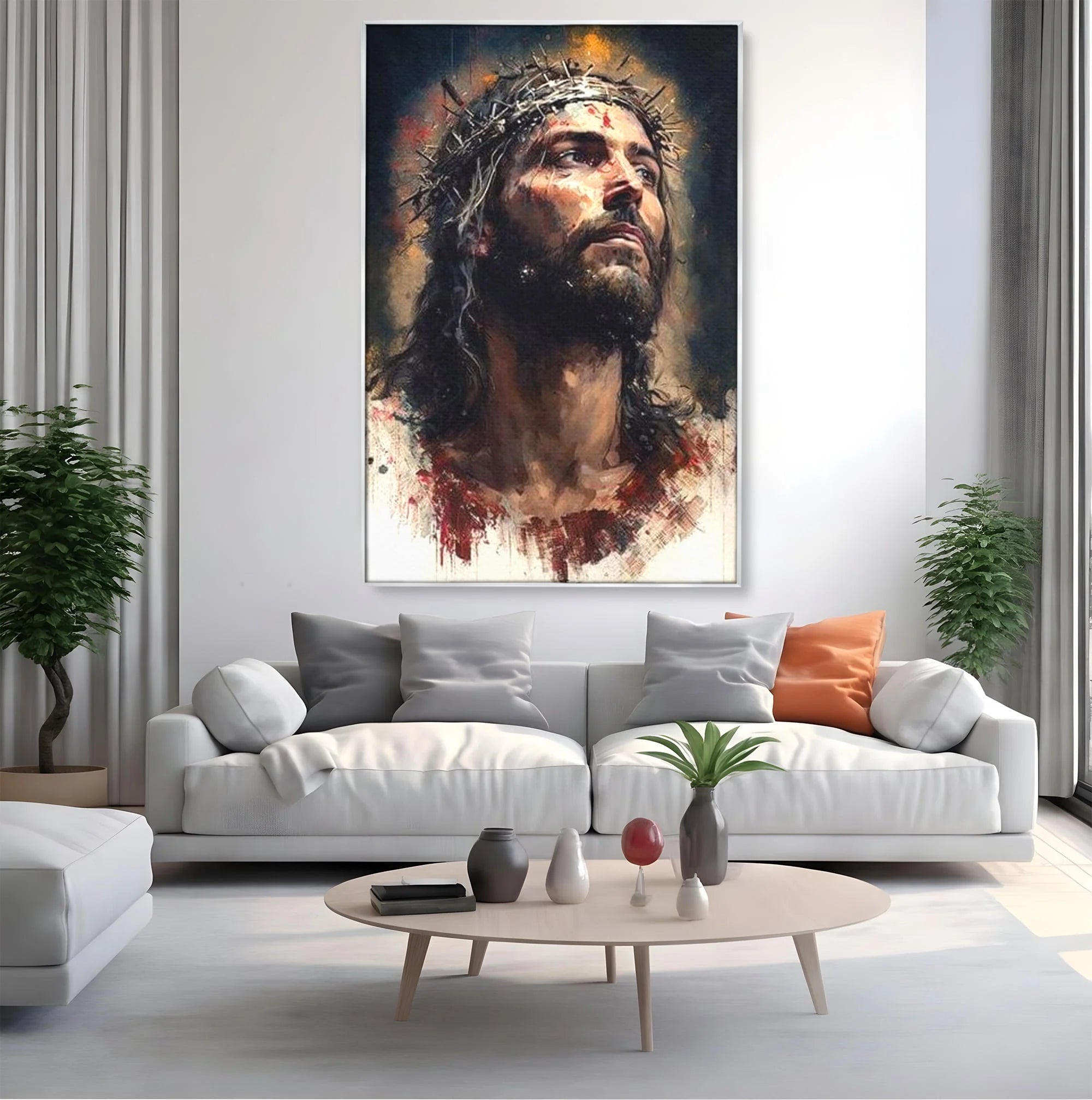 Tablou canvas cu tablou cu iisus purtand coroana de spini, in rama de aluminiu argintiu, pe perete intr-un living