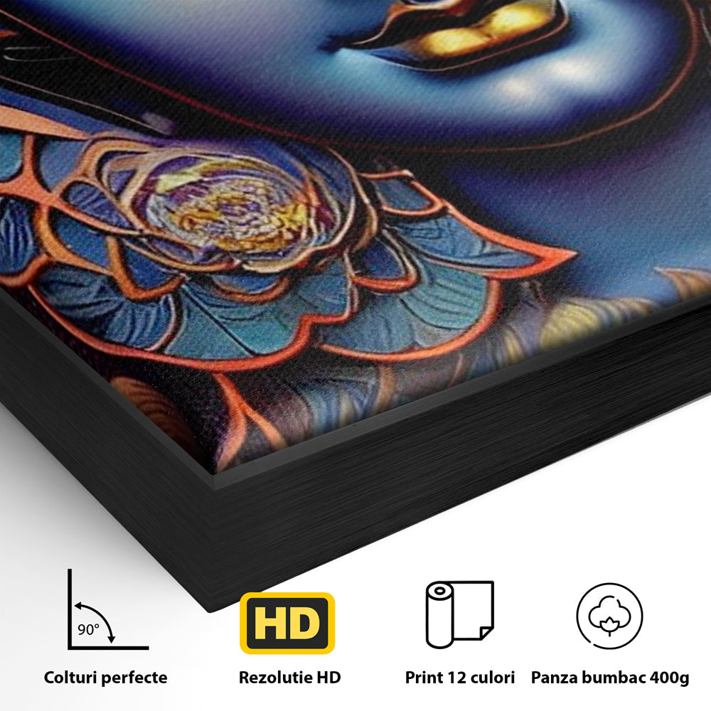 Detaliu al suprafetei: tablou canvas cu portretul lui buddha, in rama de aluminiu negru