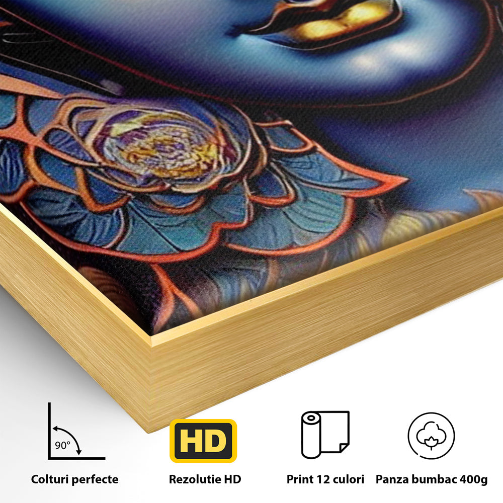 Detaliu al suprafetei: tablou canvas cu portretul lui buddha, in rama de aluminiu auriu
