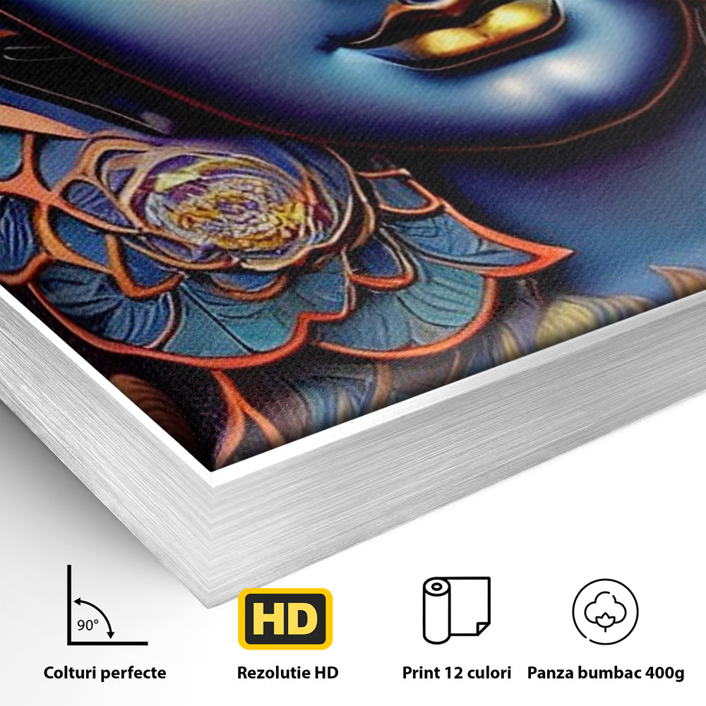 Detaliu al suprafetei: tablou canvas cu portretul lui buddha, in rama de aluminiu argintiu