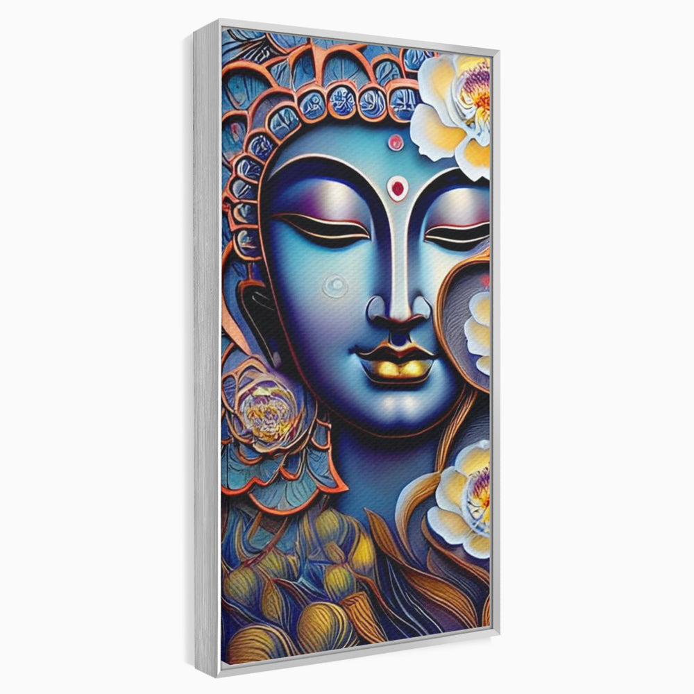 Tablou canvas cu tablou canvas cu portretul lui buddha, in rama de aluminiu argintiu