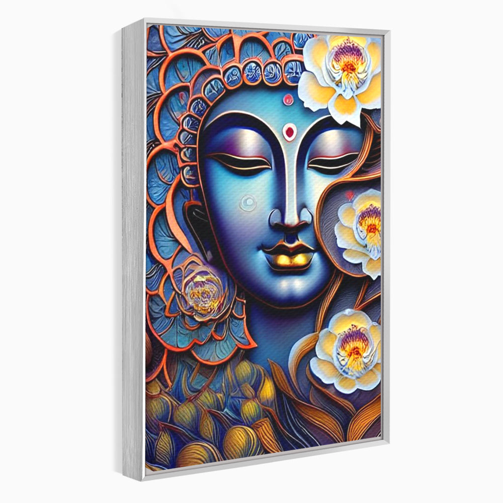 Tablou canvas cu tablou canvas cu portretul lui buddha, in rama de aluminiu argintiu