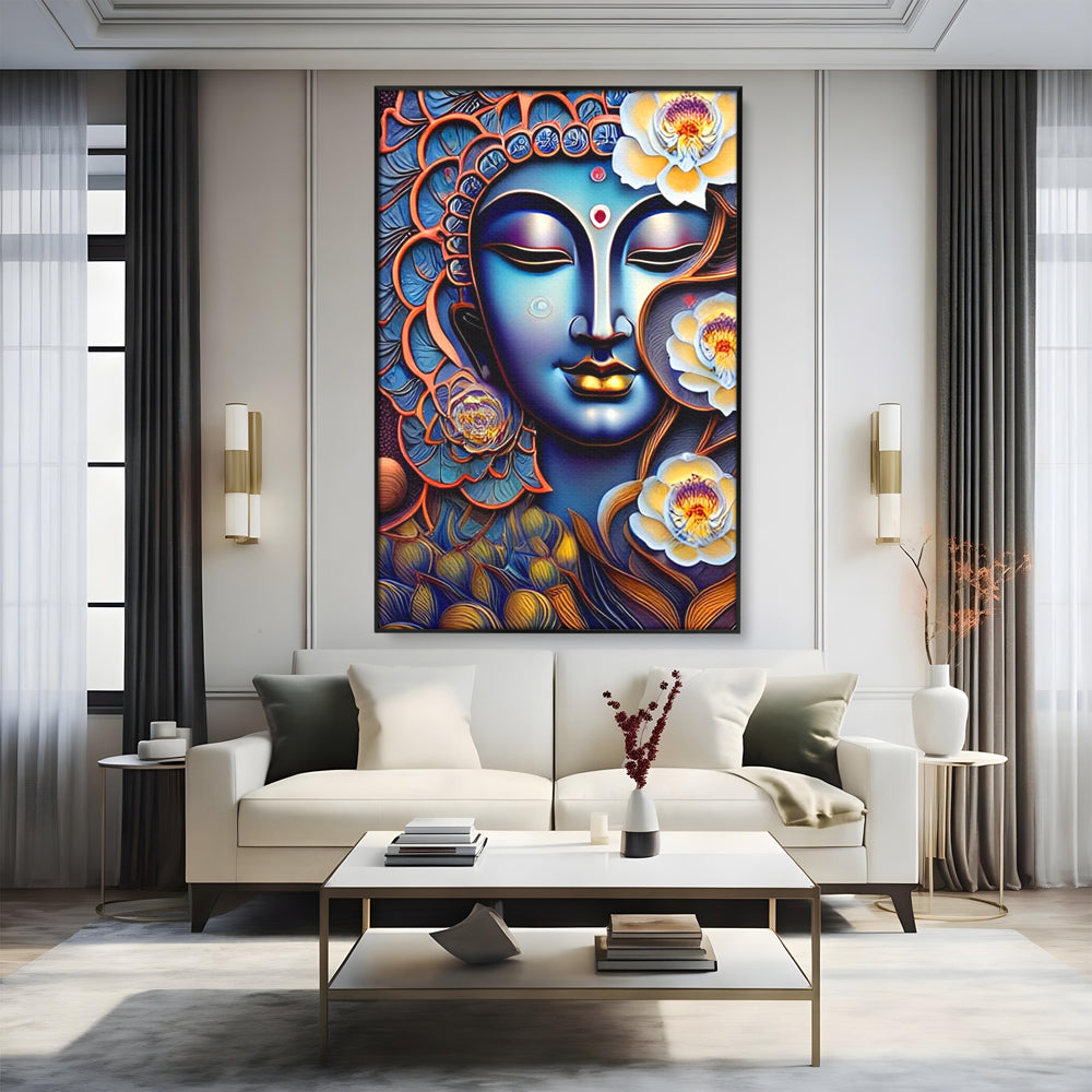 Tablou canvas cu tablou canvas cu portretul lui buddha, in rama de aluminiu negru, pe perete intr-un living