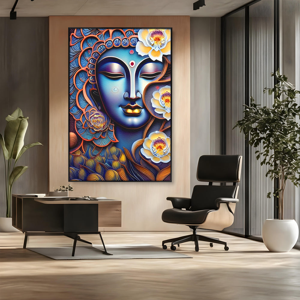 Tablou canvas cu tablou canvas cu portretul lui buddha, in rama de aluminiu negru, pe perete intr-un birou