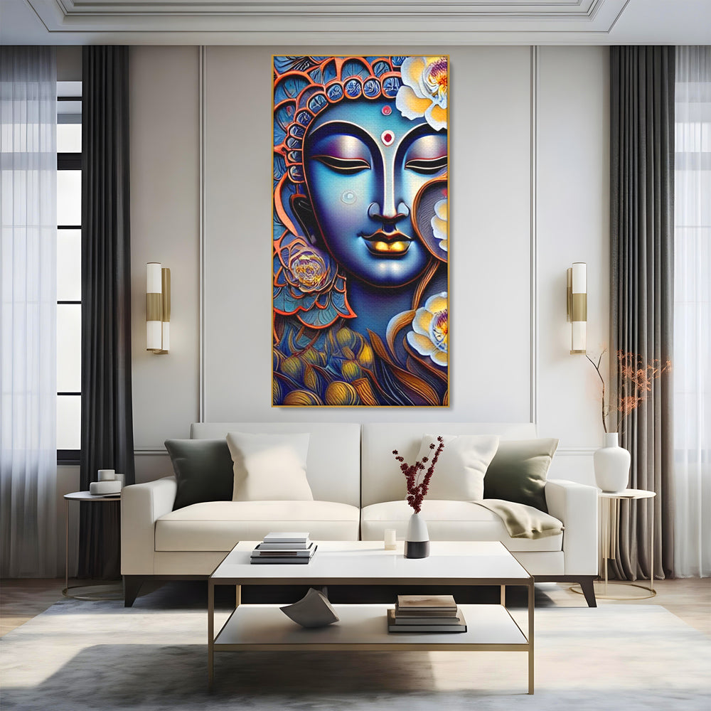 Tablou canvas cu tablou canvas cu portretul lui buddha, in rama de aluminiu auriu, pe perete intr-un living