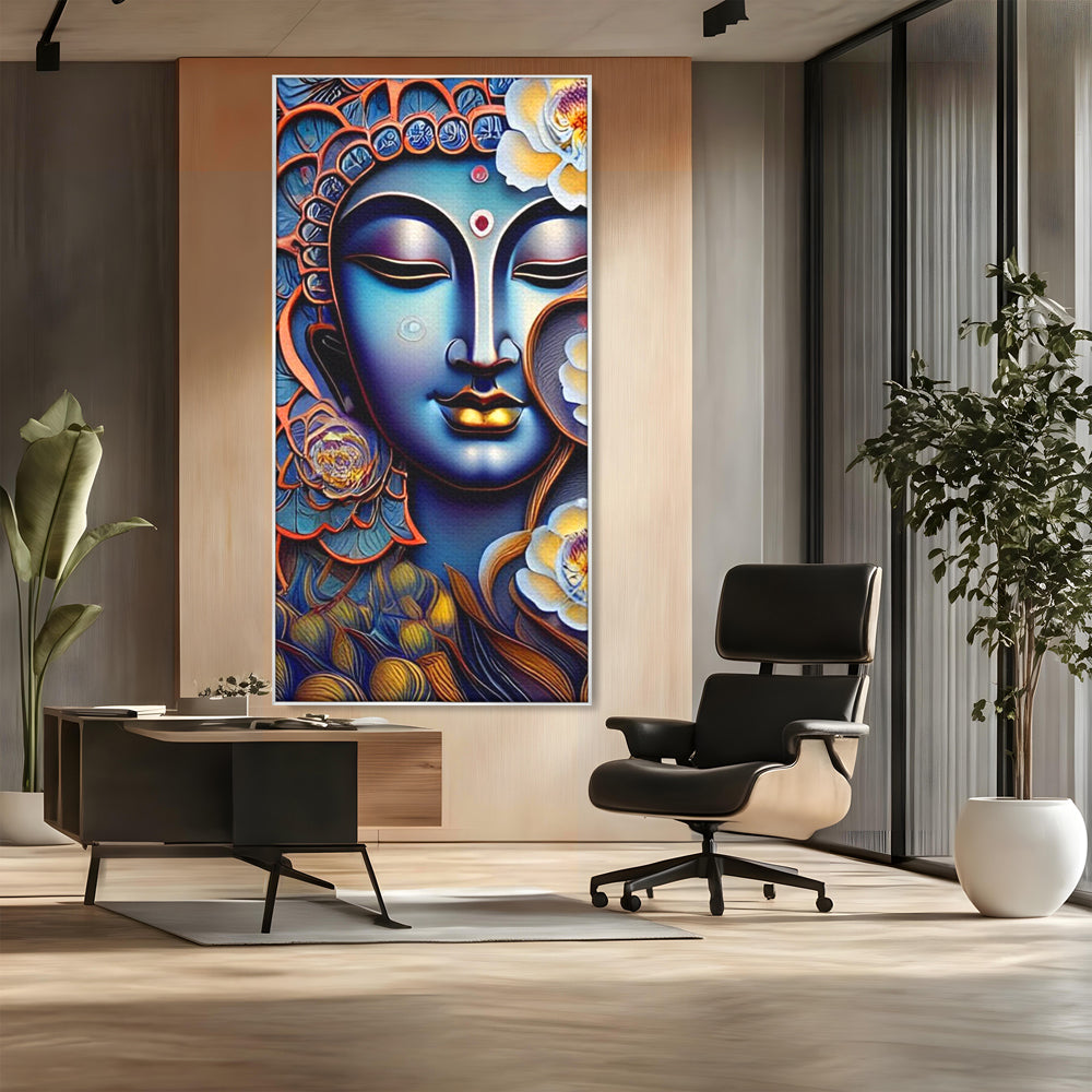 Tablou canvas cu tablou canvas cu portretul lui buddha, in rama de aluminiu argintiu, pe perete intr-un birou