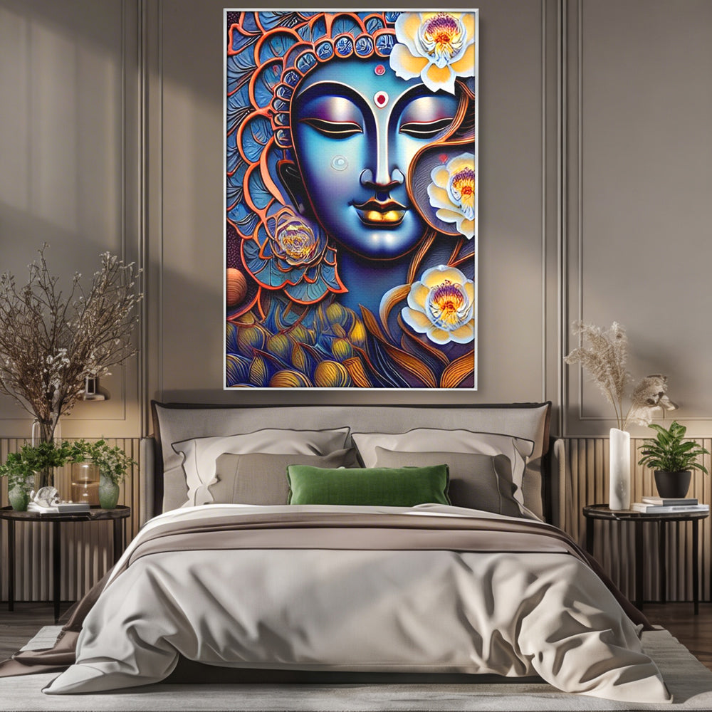 Tablou canvas cu tablou canvas cu portretul lui buddha, in rama de aluminiu argintiu, pe perete intr-un dormitor