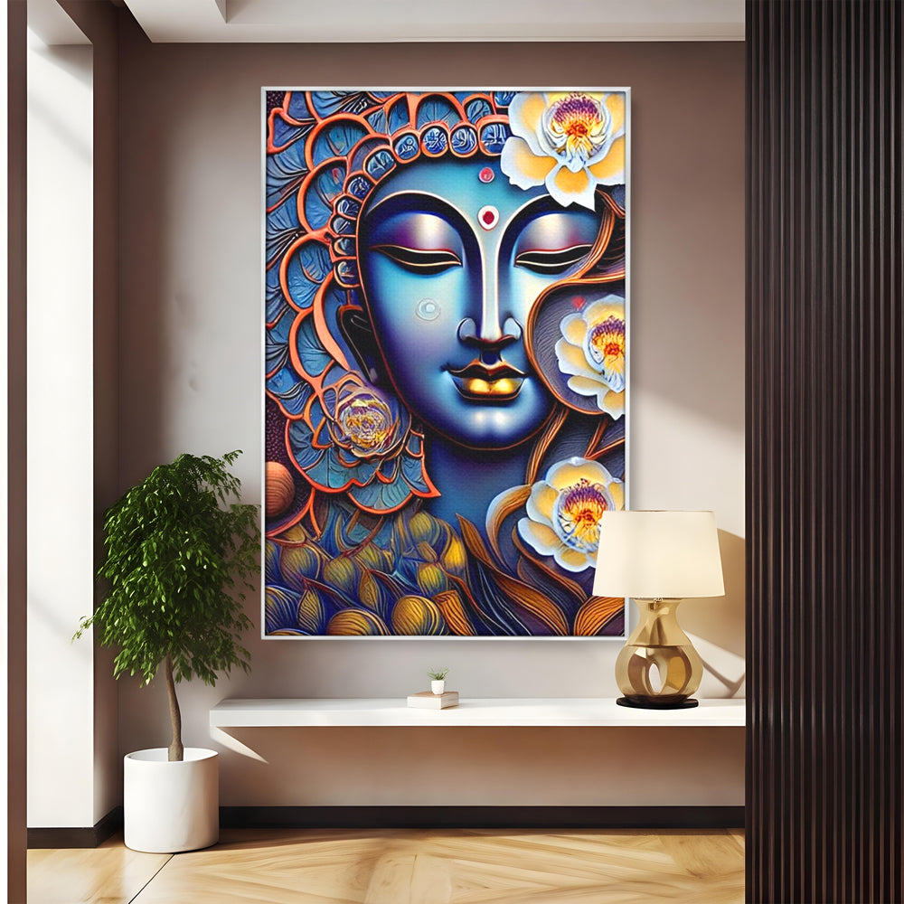 Tablou canvas cu tablou canvas cu portretul lui buddha, in rama de aluminiu argintiu
