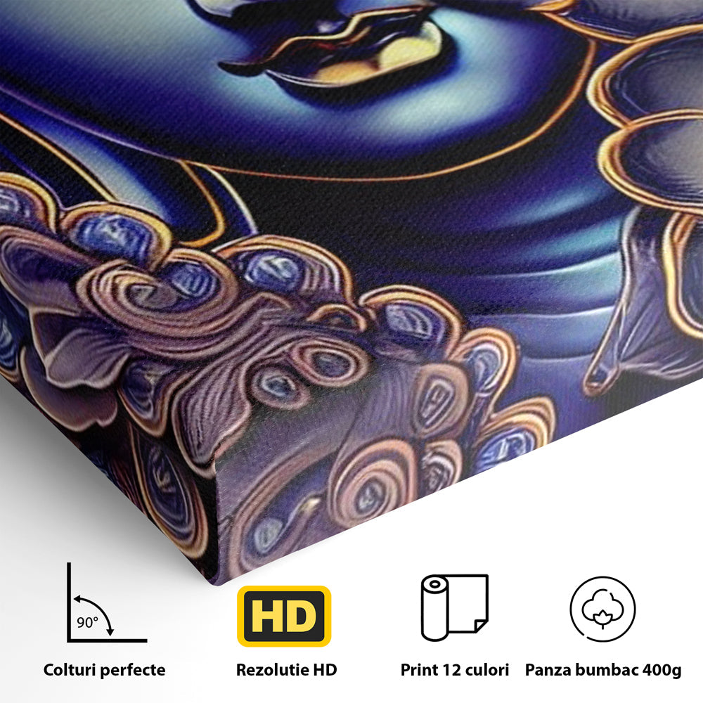 Detaliu al suprafetei: tablou canvas cu portretul lui buddha, fara rama, pe sasiu de lemn