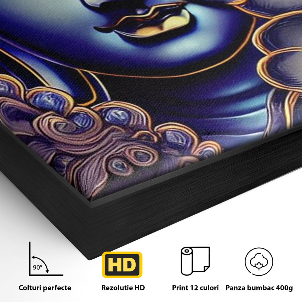 Detaliu al suprafetei: tablou canvas cu portretul lui buddha, in rama de aluminiu negru