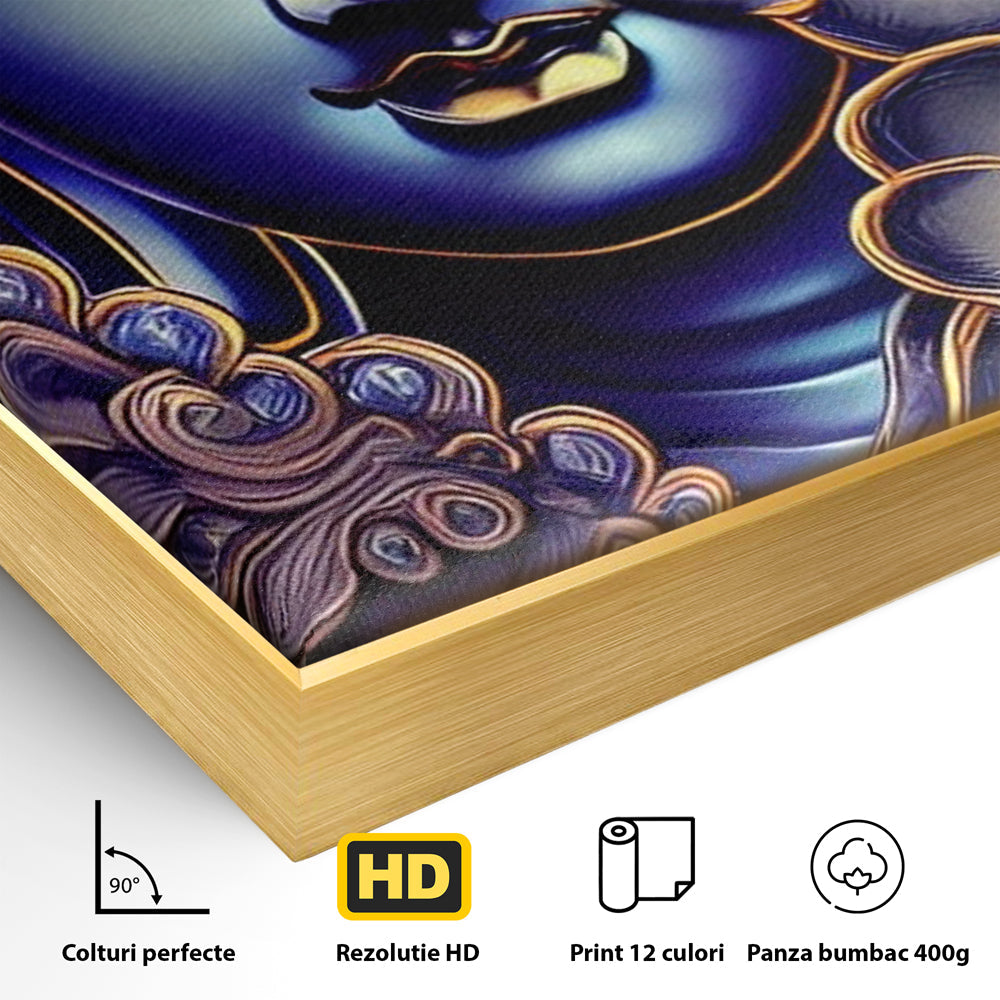 Detaliu al suprafetei: tablou canvas cu portretul lui buddha, in rama de aluminiu auriu