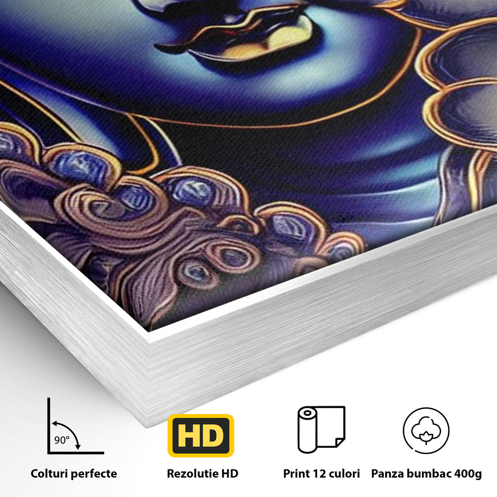 Detaliu al suprafetei: tablou canvas cu portretul lui buddha, in rama de aluminiu argintiu