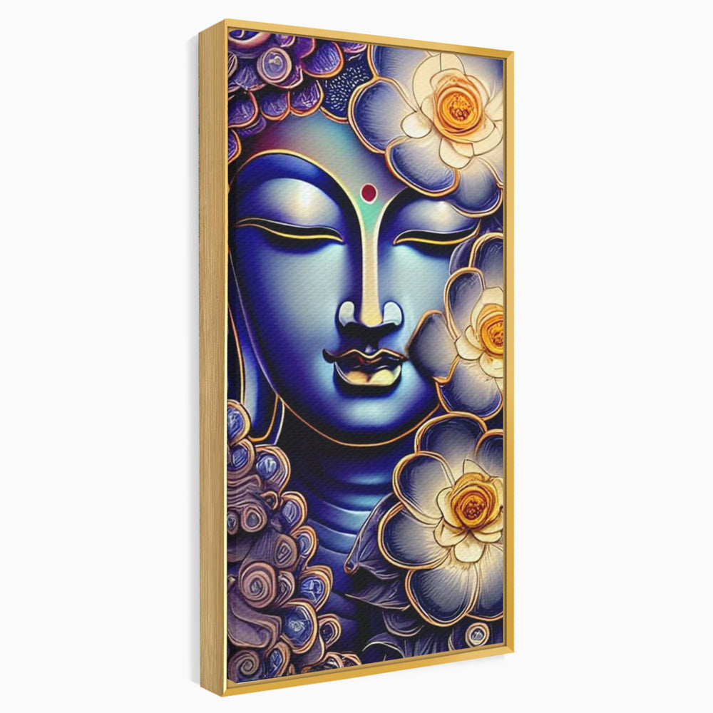 Tablou canvas cu tablou canvas cu portretul lui buddha, in rama de aluminiu auriu