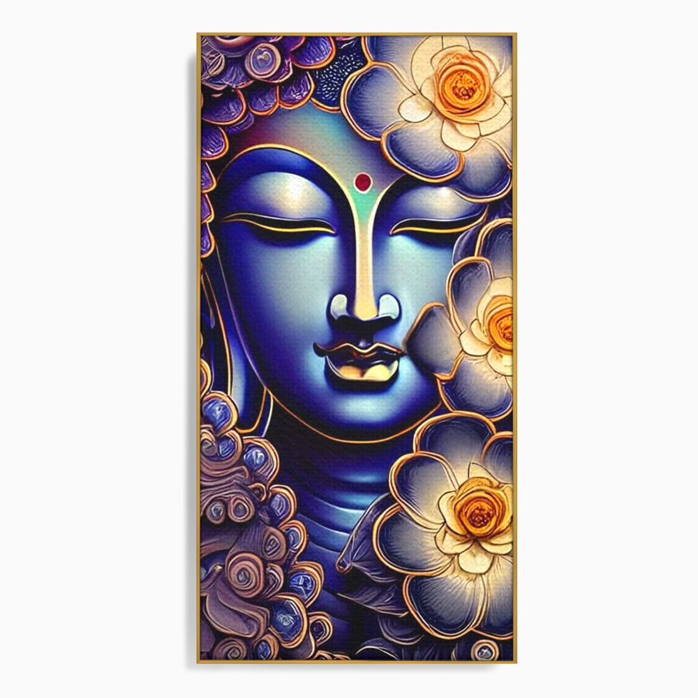 Tablou canvas cu tablou canvas cu portretul lui buddha, in rama de aluminiu auriu