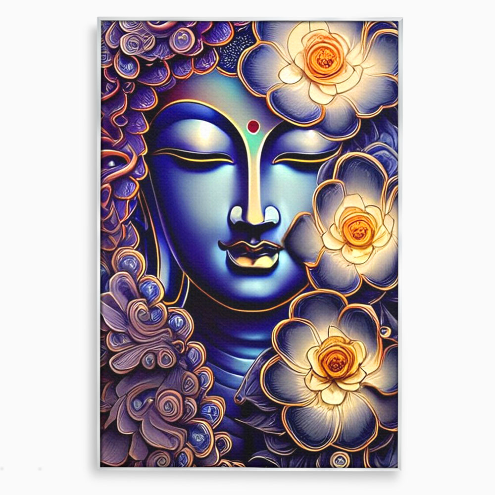 Tablou canvas cu tablou canvas cu portretul lui buddha, in rama de aluminiu argintiu