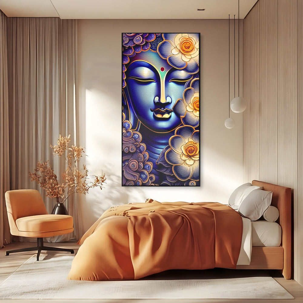 Tablou canvas cu tablou canvas cu portretul lui buddha, in rama de aluminiu negru, pe perete intr-un dormitor