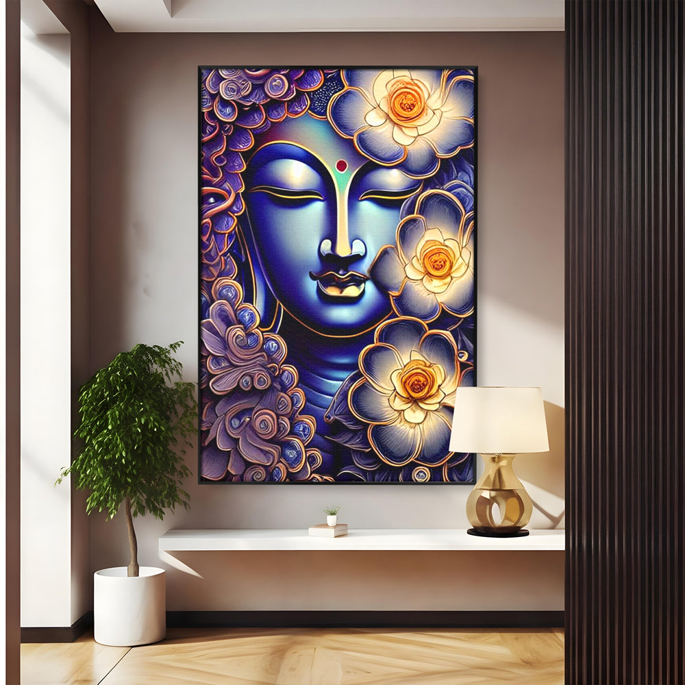Tablou canvas cu tablou canvas cu portretul lui buddha, in rama de aluminiu negru
