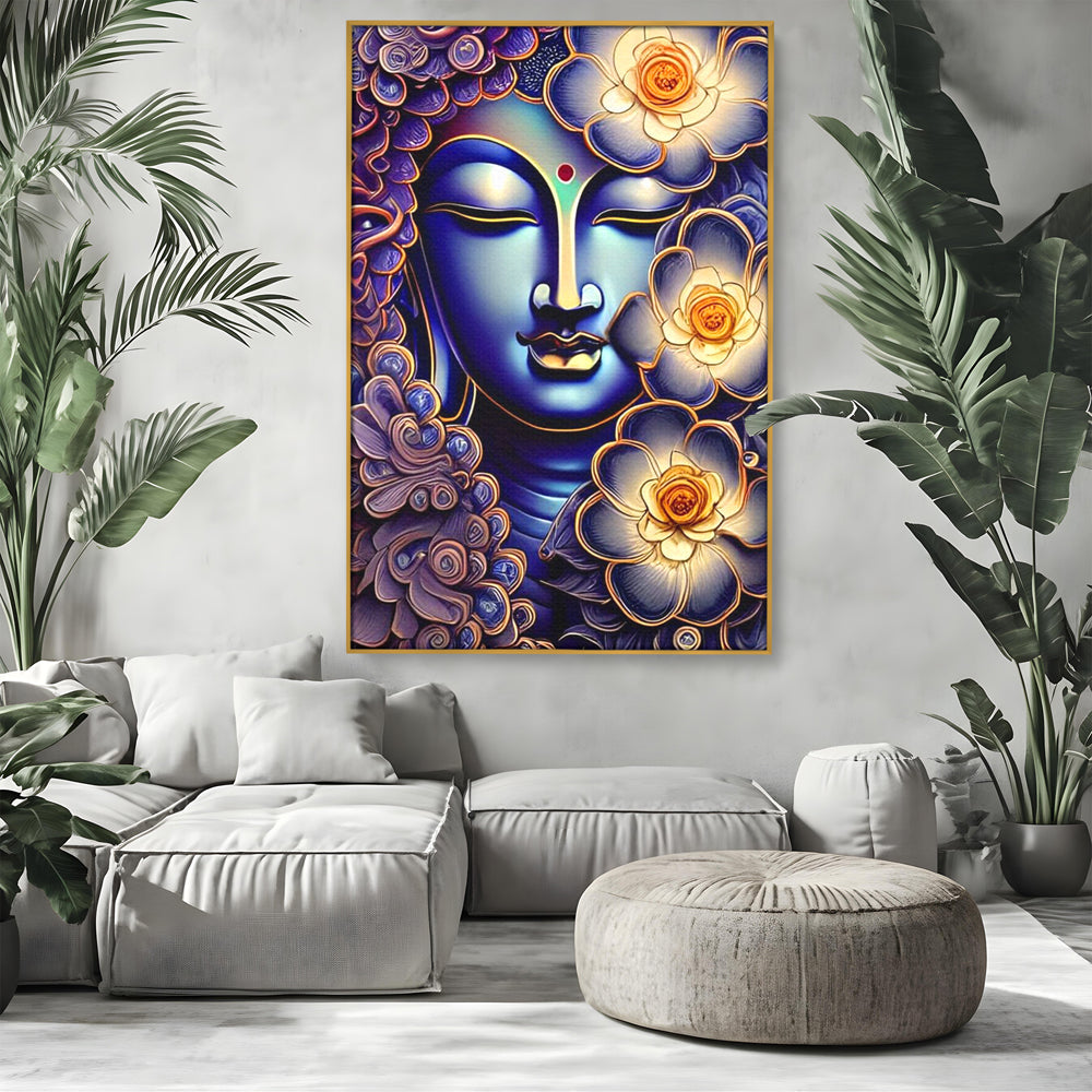 Tablou canvas cu tablou canvas cu portretul lui buddha, in rama de aluminiu auriu, pe perete intr-un living